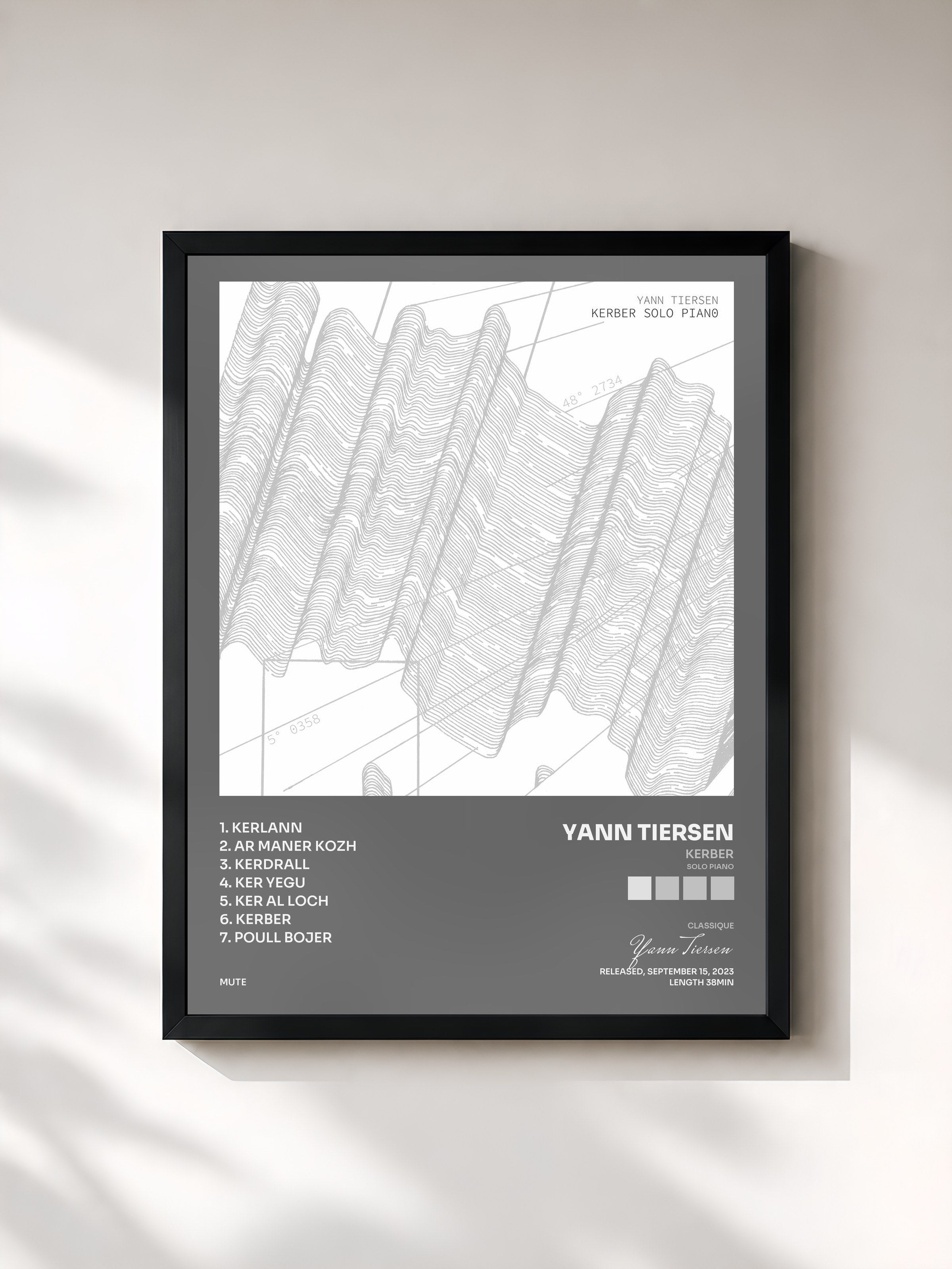 #noir Tableau de l'album Kerber (Solo Piano) de Yann Tiersen, cadre noir, imprimé et encadré en France