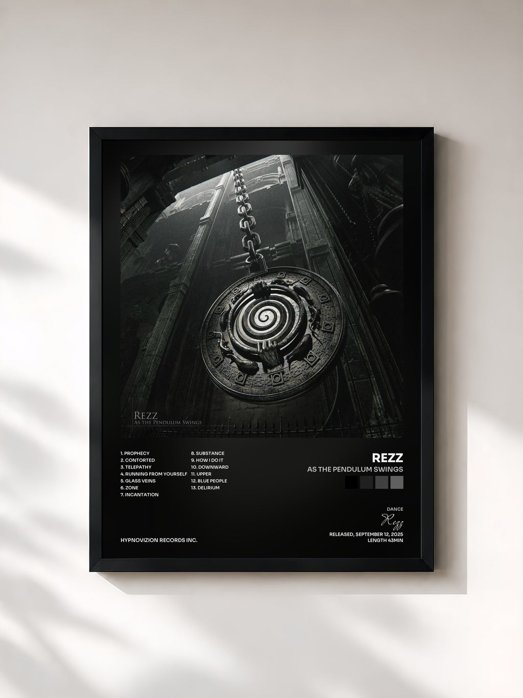 #noir Tableau de l'album As The Pendulum Swings de Rezz, cadre noir, imprimé et encadré en France