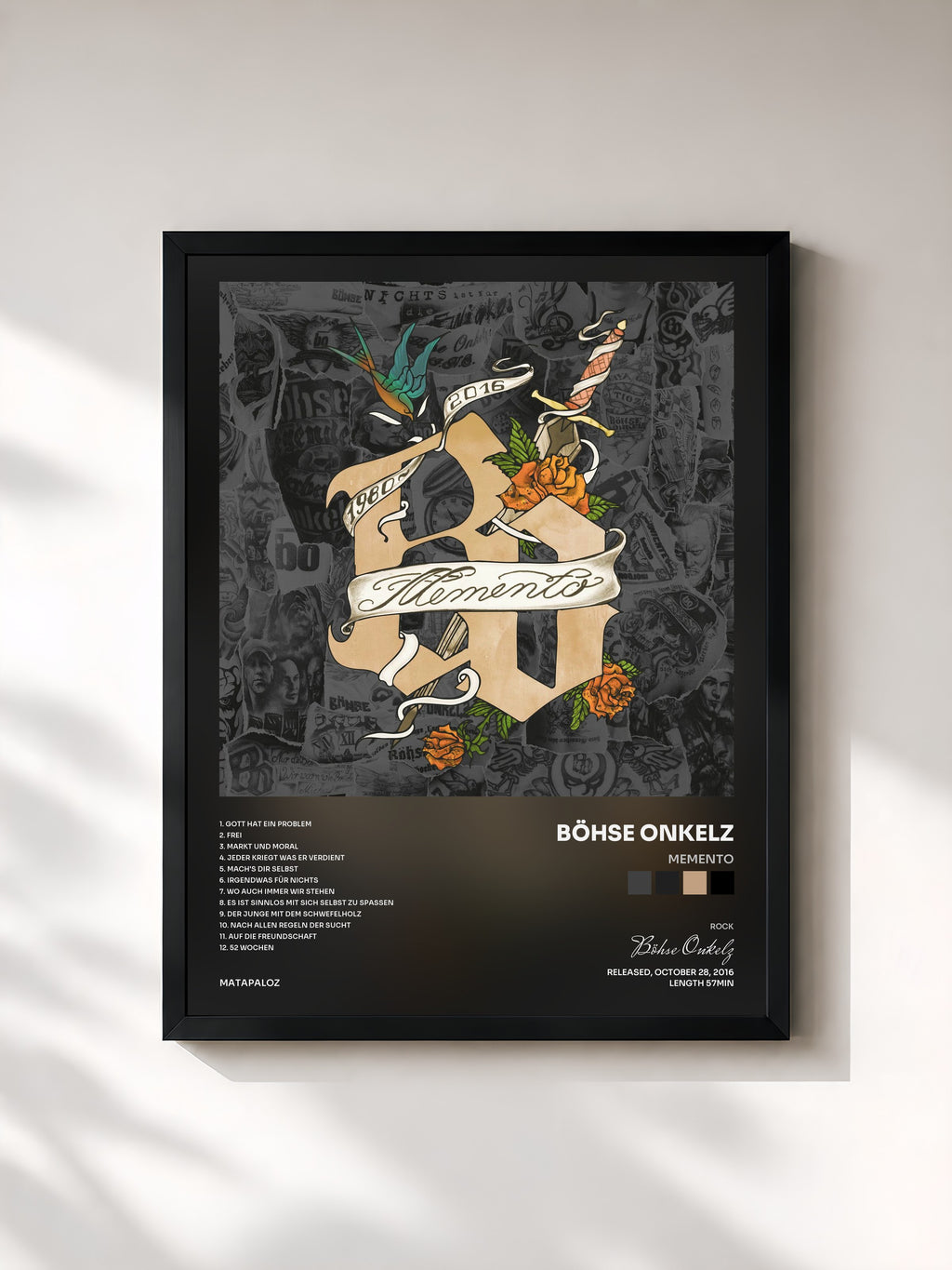 #noir Tableau de l'album Memento de Böhse Onkelz, cadre noir, imprimé et encadré en France