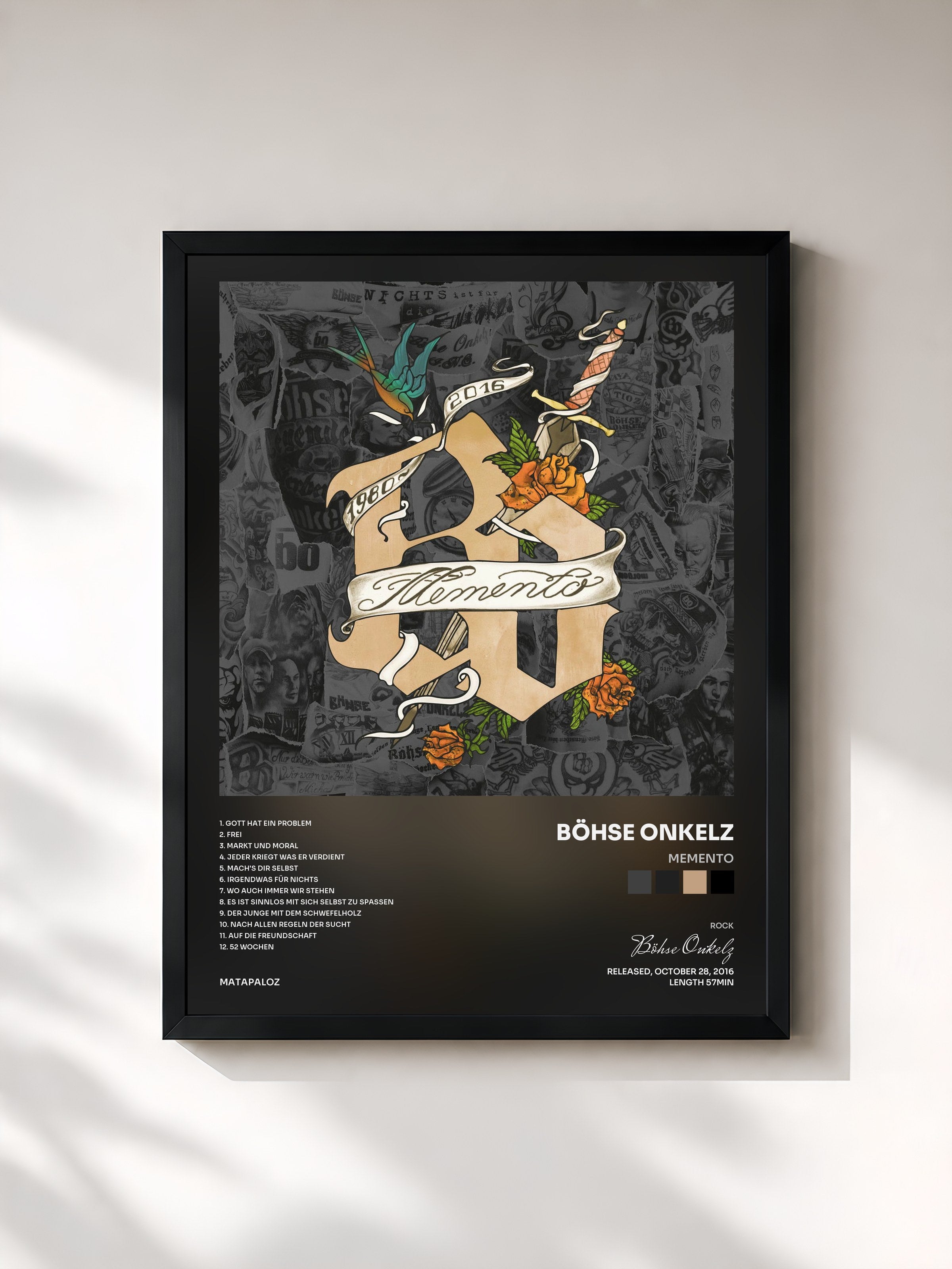 #noir Tableau de l'album Memento de Böhse Onkelz, cadre noir, imprimé et encadré en France