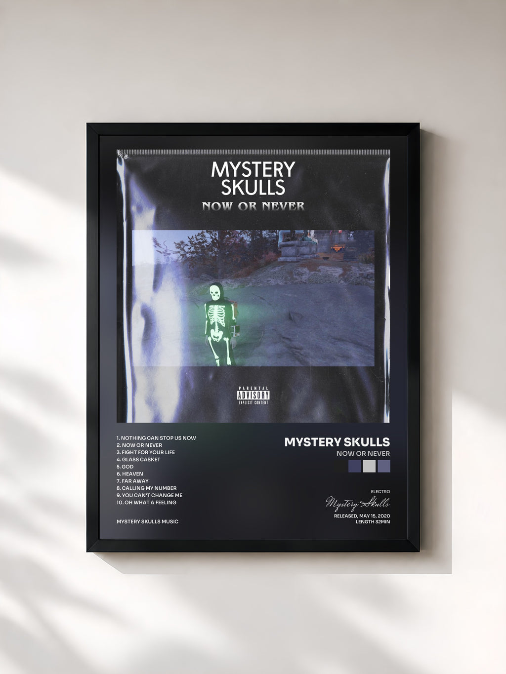 #noir Tableau de l'album Now Or Never de Mystery Skulls, cadre noir, imprimé et encadré en France