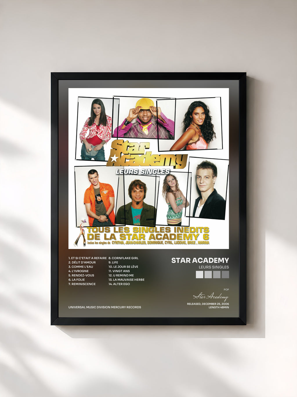 #noir Tableau de l'album Leurs Singles de Star Academy, cadre noir, imprimé et encadré en France