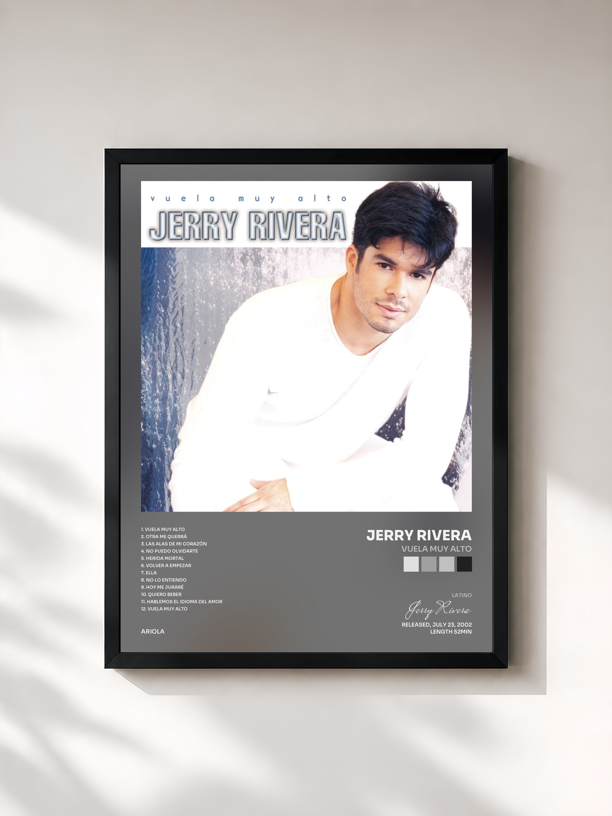 #noir Tableau de l'album Vuela Muy Alto de Jerry Rivera, cadre noir, imprimé et encadré en France