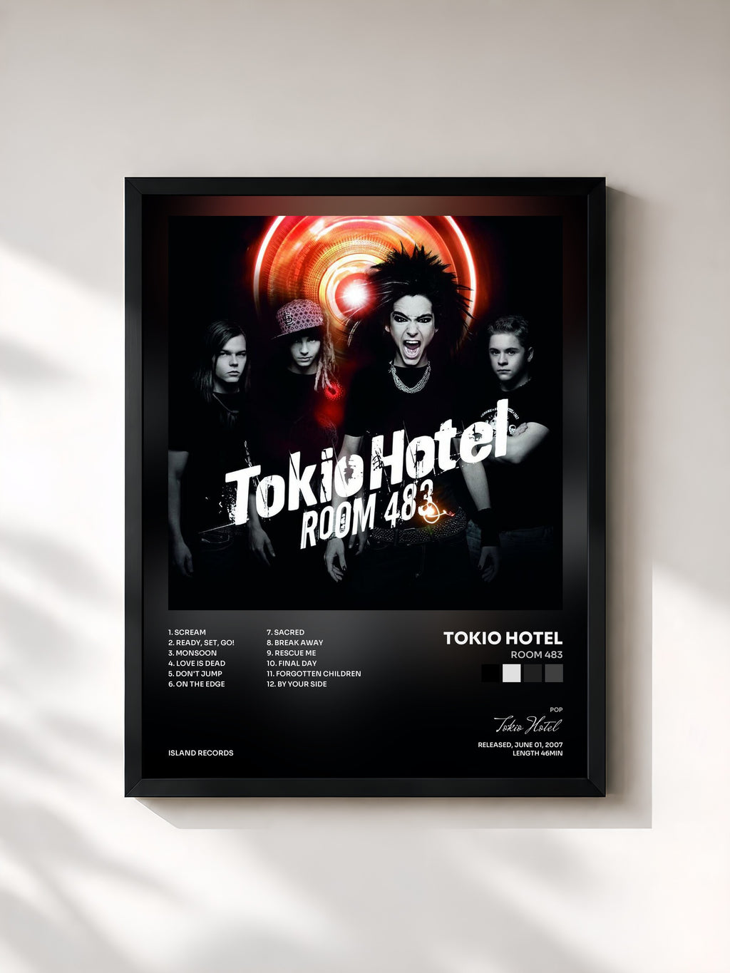 #noir Tableau de l'album Room 483 de Tokio Hotel, cadre noir, imprimé et encadré en France