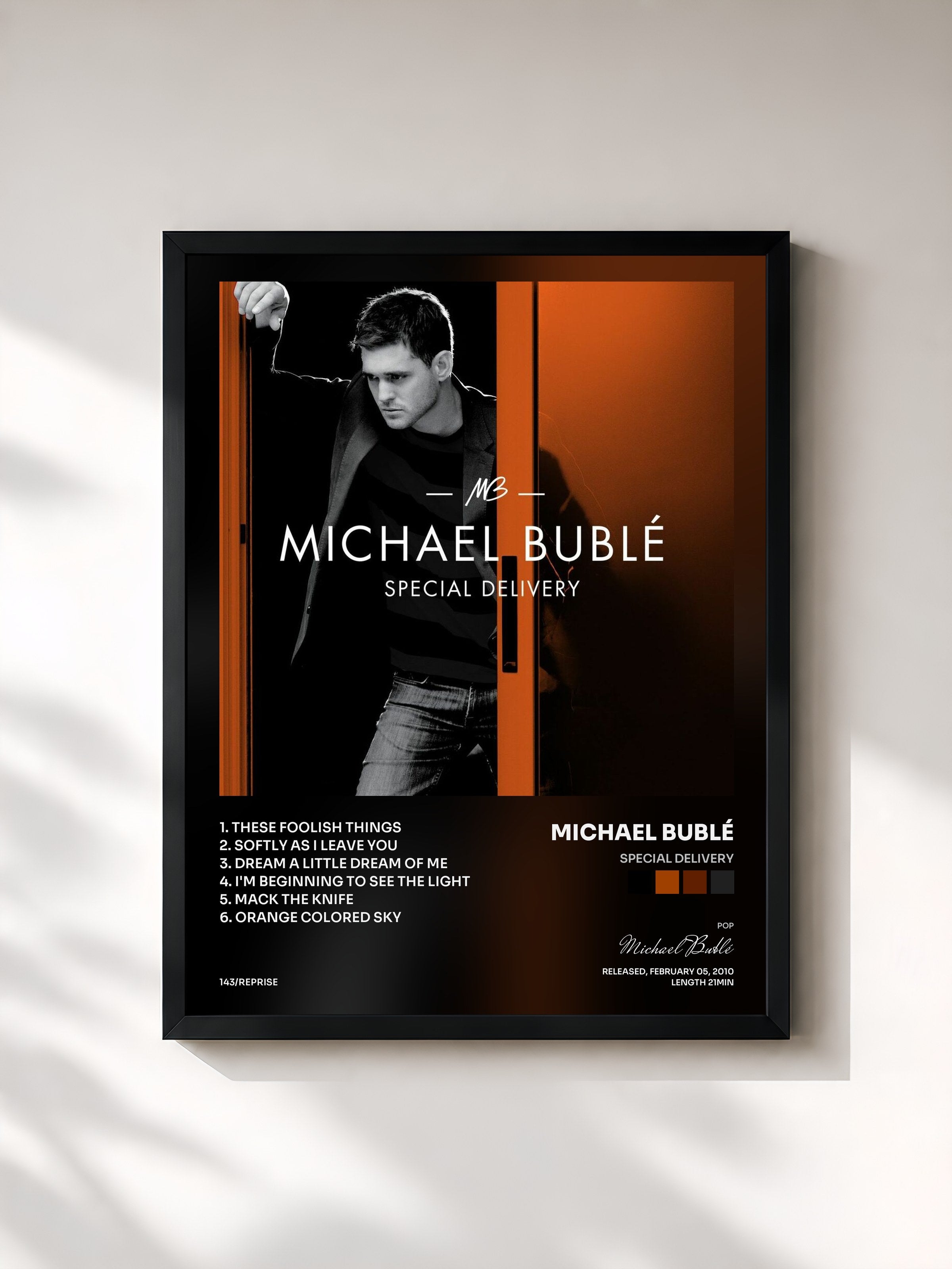 #noir Tableau de l'album Special Delivery de Michael Bublé, cadre noir, imprimé et encadré en France
