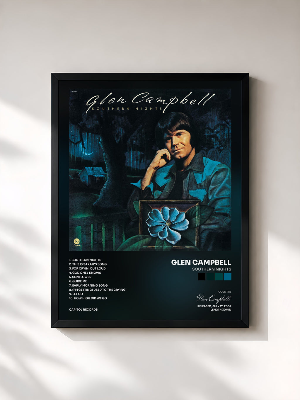 #noir Tableau de l'album Southern Nights de Glen Campbell, cadre noir, imprimé et encadré en France