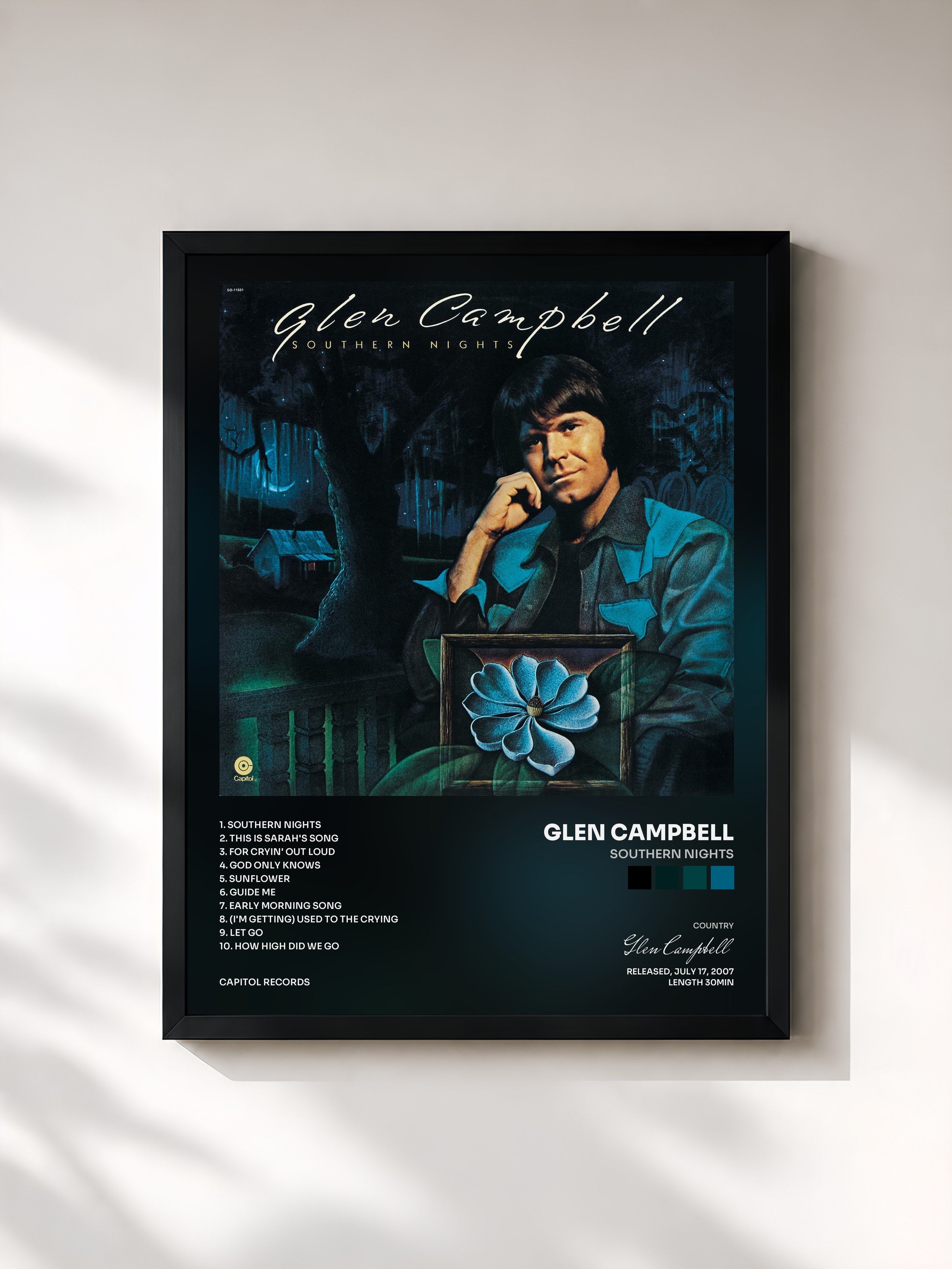 #noir Tableau de l'album Southern Nights de Glen Campbell, cadre noir, imprimé et encadré en France