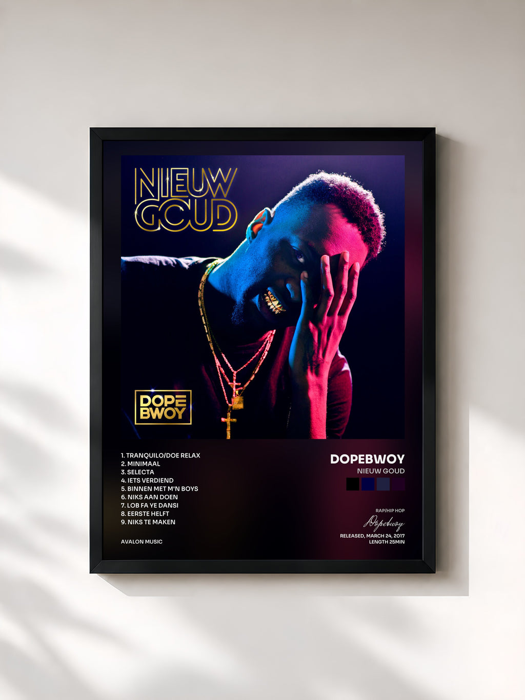 #noir Tableau de l'album Nieuw Goud de Dopebwoy, cadre noir, imprimé et encadré en France
