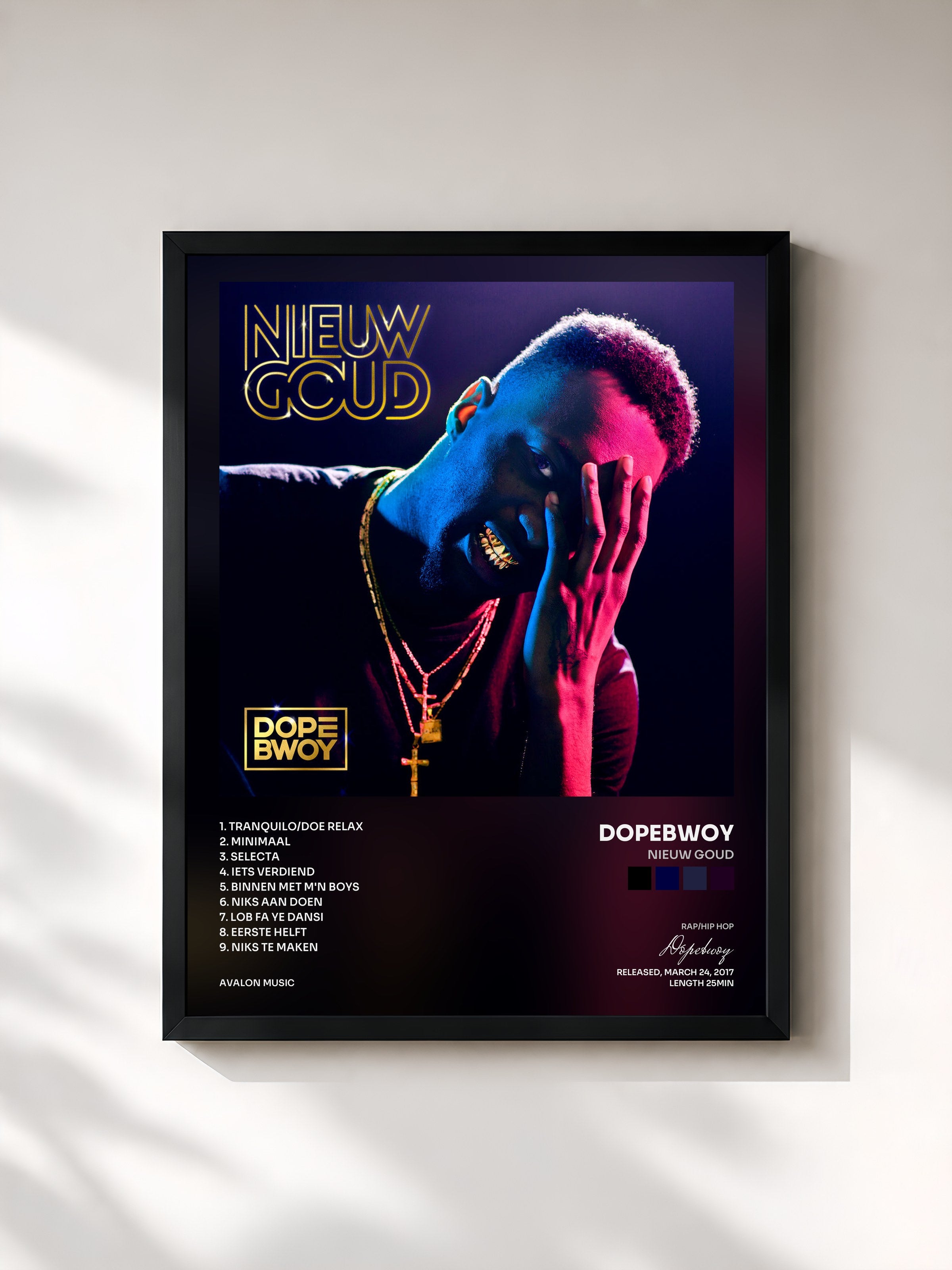#noir Tableau de l'album Nieuw Goud de Dopebwoy, cadre noir, imprimé et encadré en France