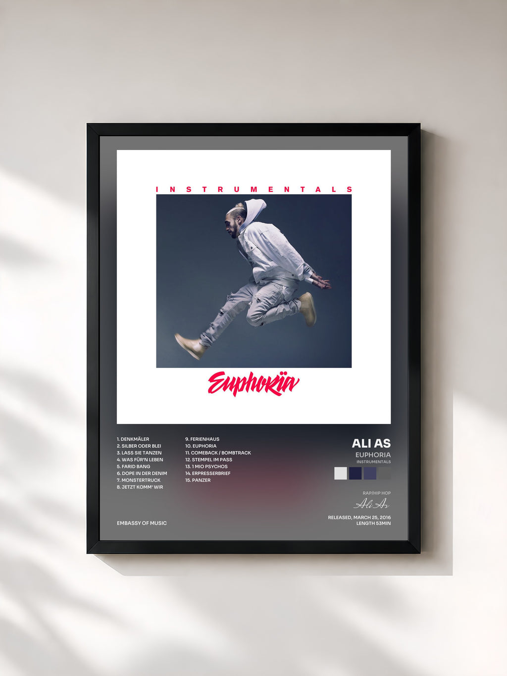 #noir Tableau de l'album Euphoria (Instrumentals) de Ali As, cadre noir, imprimé et encadré en France