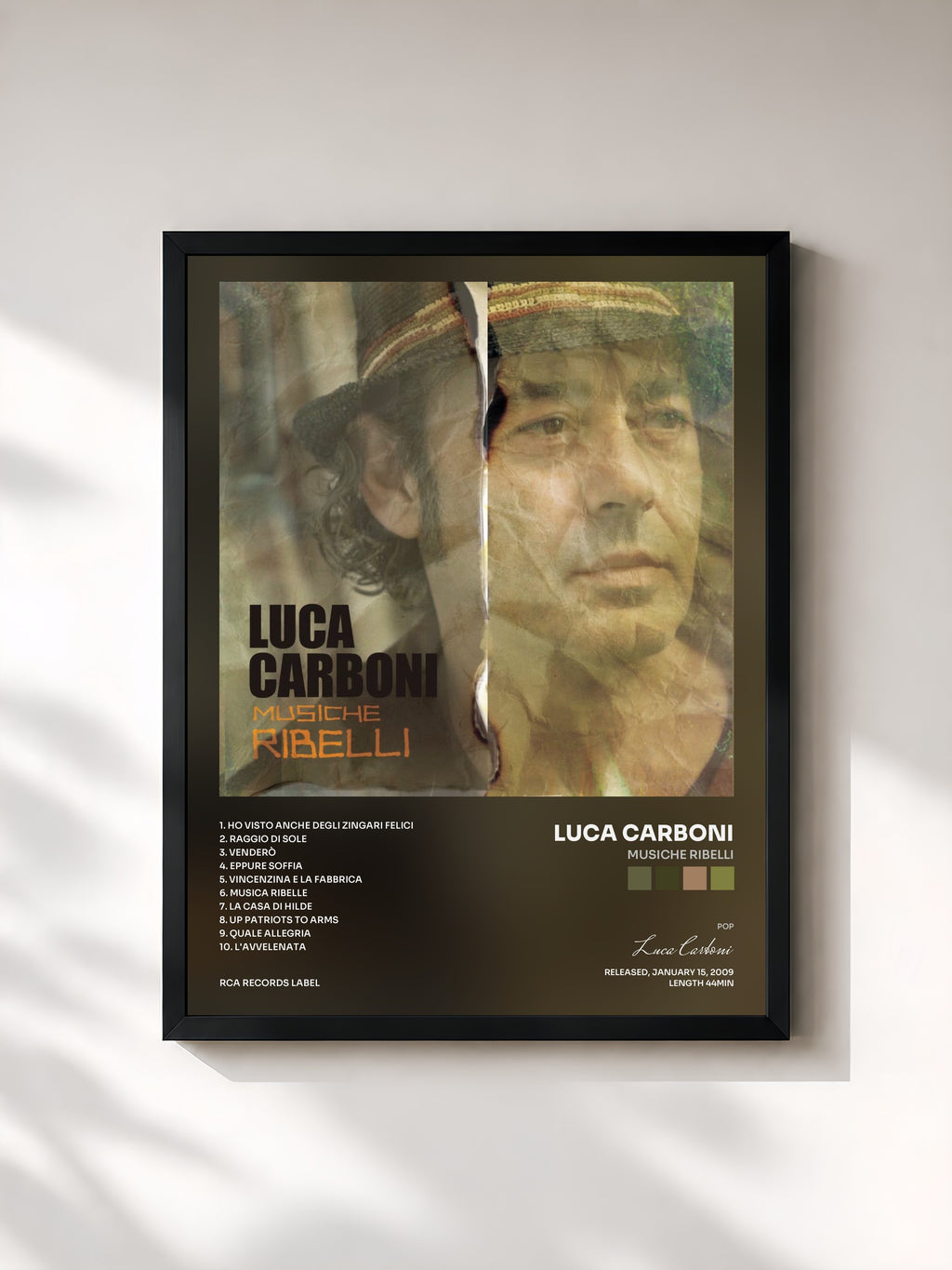 #noir Tableau de l'album Musiche Ribelli de Luca Carboni, cadre noir, imprimé et encadré en France