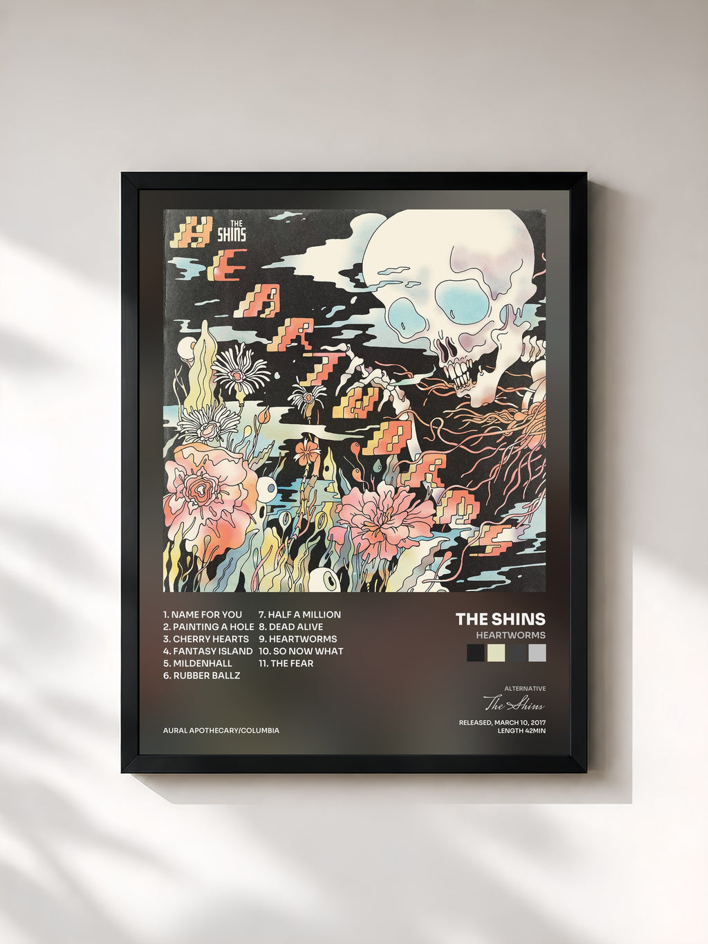 #noir Tableau de l'album Heartworms de The Shins, cadre noir, imprimé et encadré en France