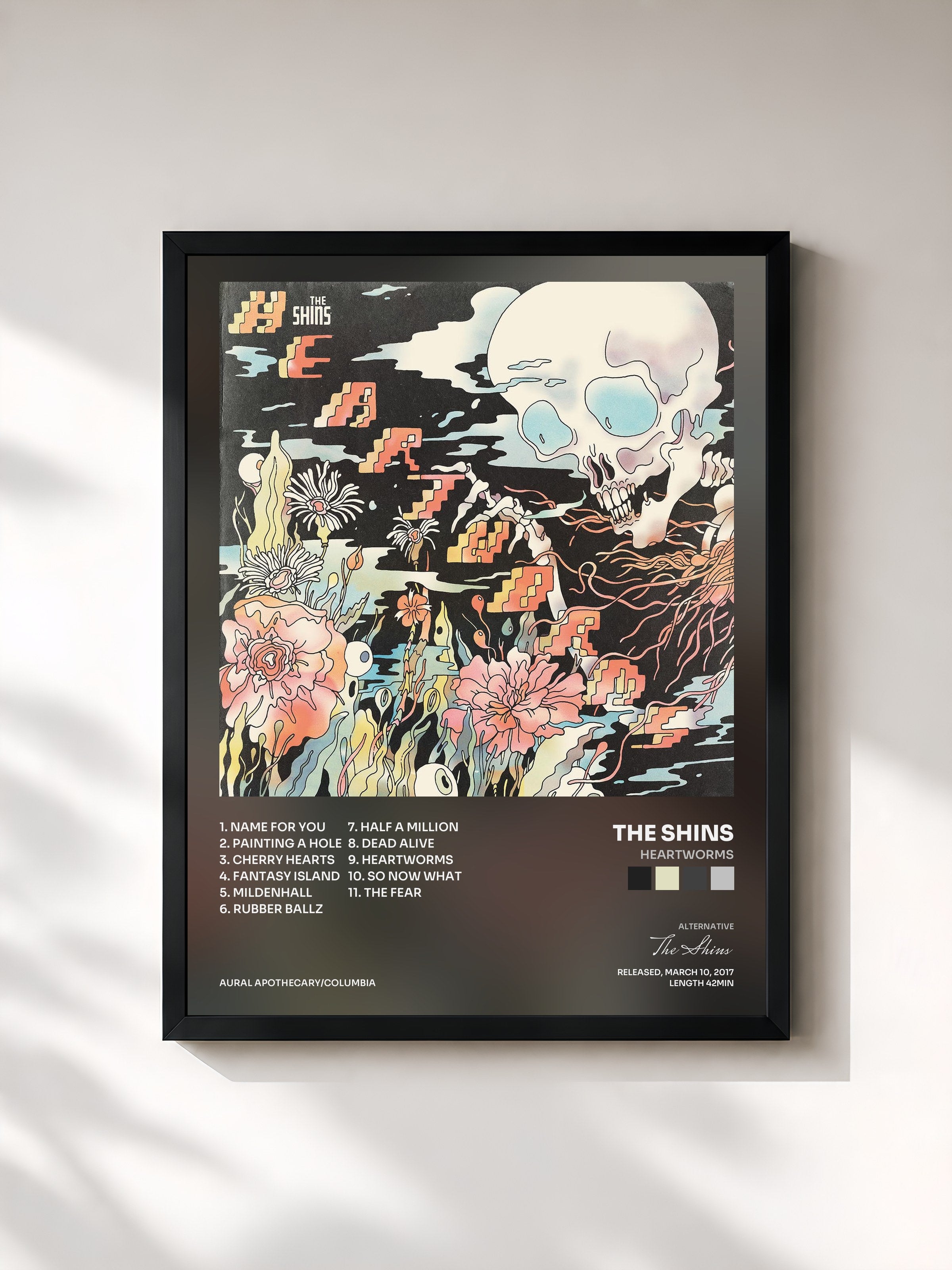 #noir Tableau de l'album Heartworms de The Shins, cadre noir, imprimé et encadré en France