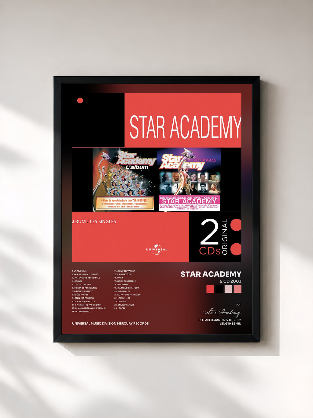 #noir Tableau de l'album 2 CD 2003 de Star Academy, cadre noir, imprimé et encadré en France