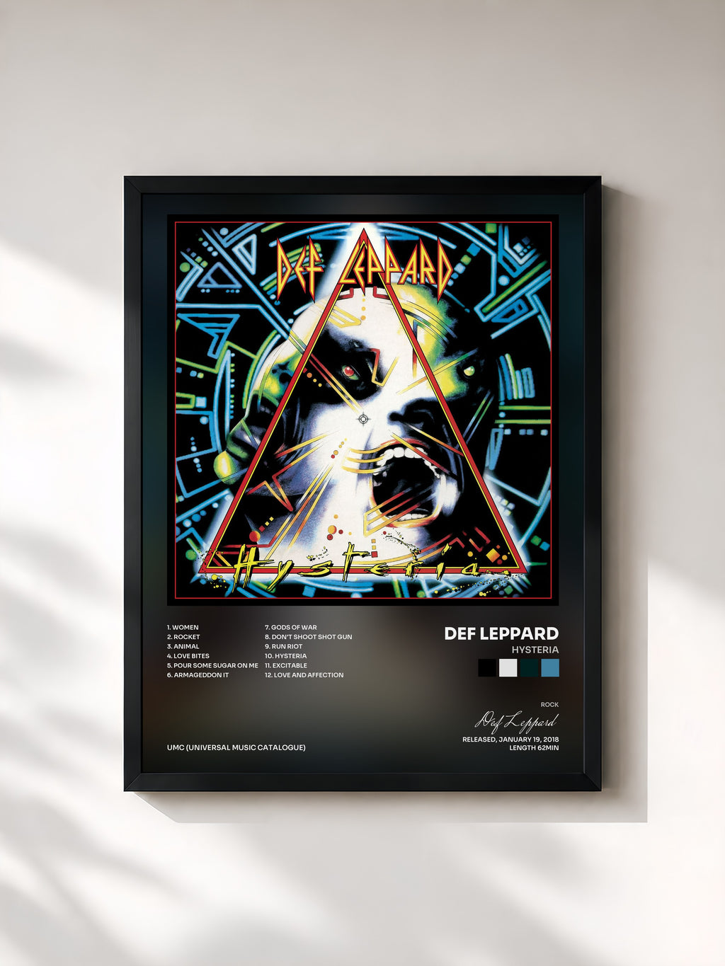 #noir Tableau de l'album Hysteria de Def Leppard, cadre noir, imprimé et encadré en France