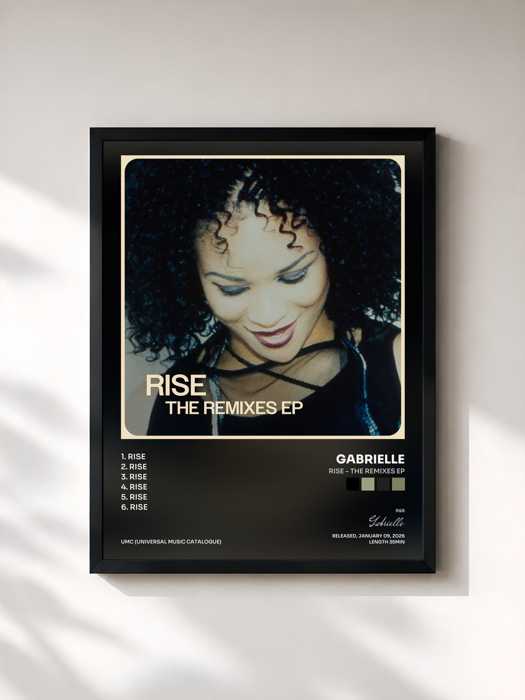 #noir Tableau de l'album Rise - The Remixes EP de Gabrielle, cadre noir, imprimé et encadré en France