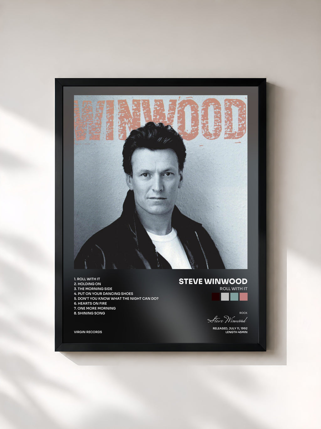 #noir Tableau de l'album Roll With It de Steve Winwood, cadre noir, imprimé et encadré en France
