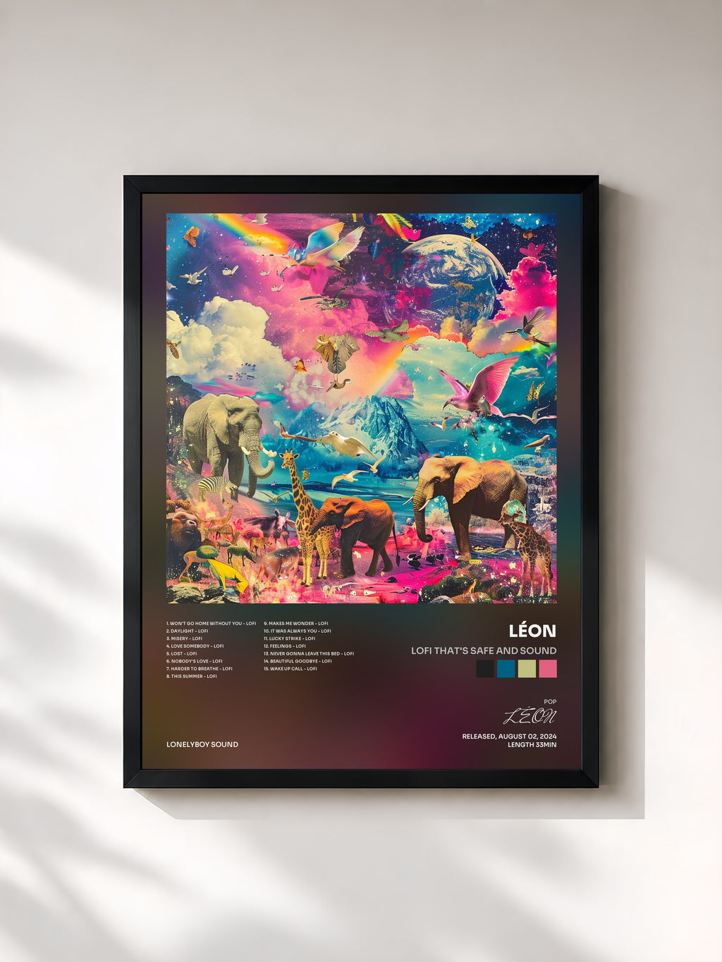 #noir Tableau de l'album lofi that's safe and sound de LÉON, cadre noir, imprimé et encadré en France