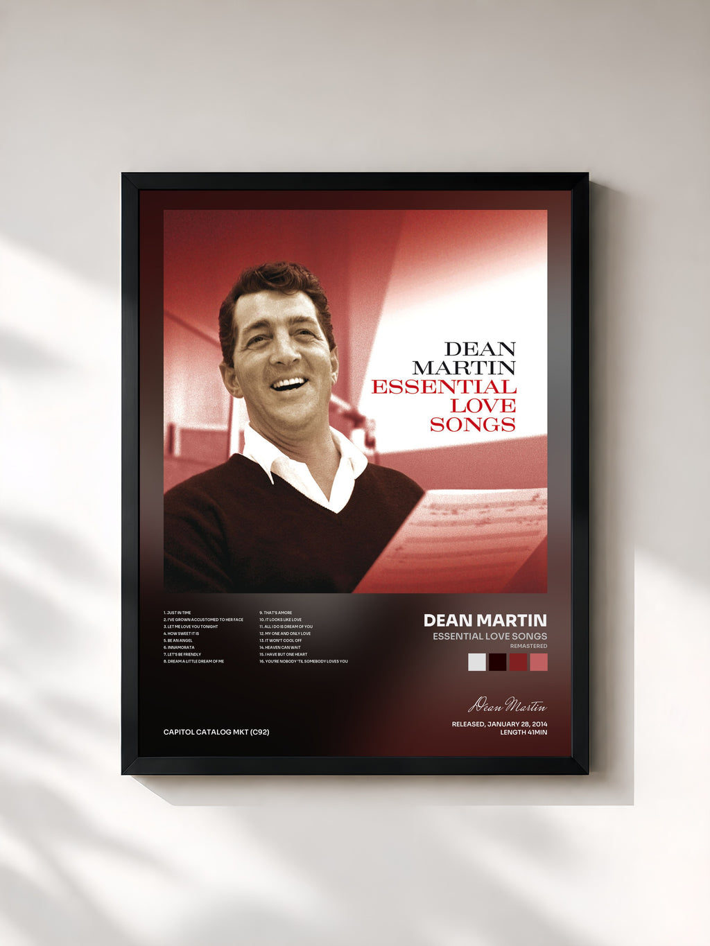 #noir Tableau de l'album Essential Love Songs (Remastered) de Dean Martin, cadre noir, imprimé et encadré en France