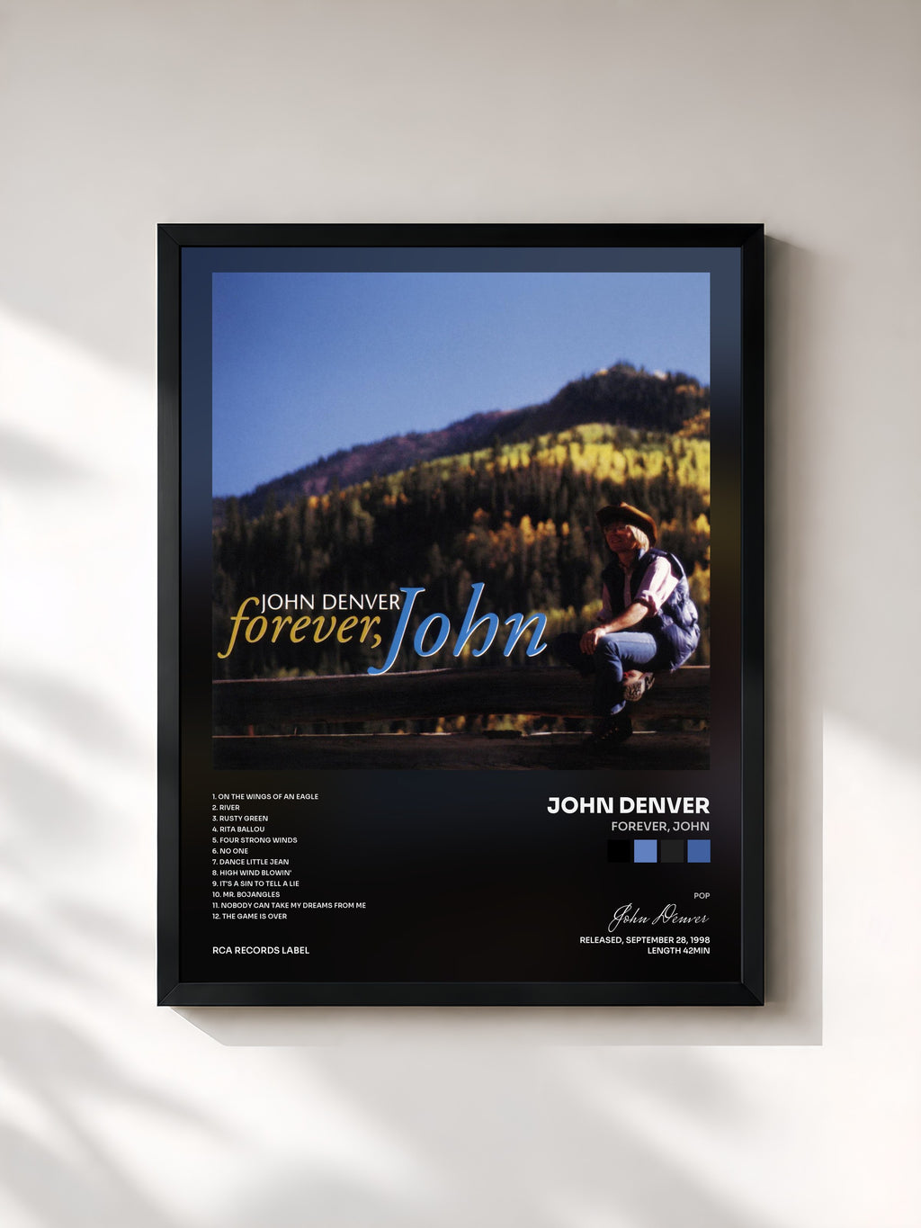 #noir Tableau de l'album Forever, John de John Denver, cadre noir, imprimé et encadré en France