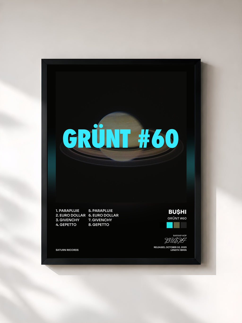 #noir Tableau de l'album GRÜNT #60 de BU$HI, cadre noir, imprimé et encadré en France