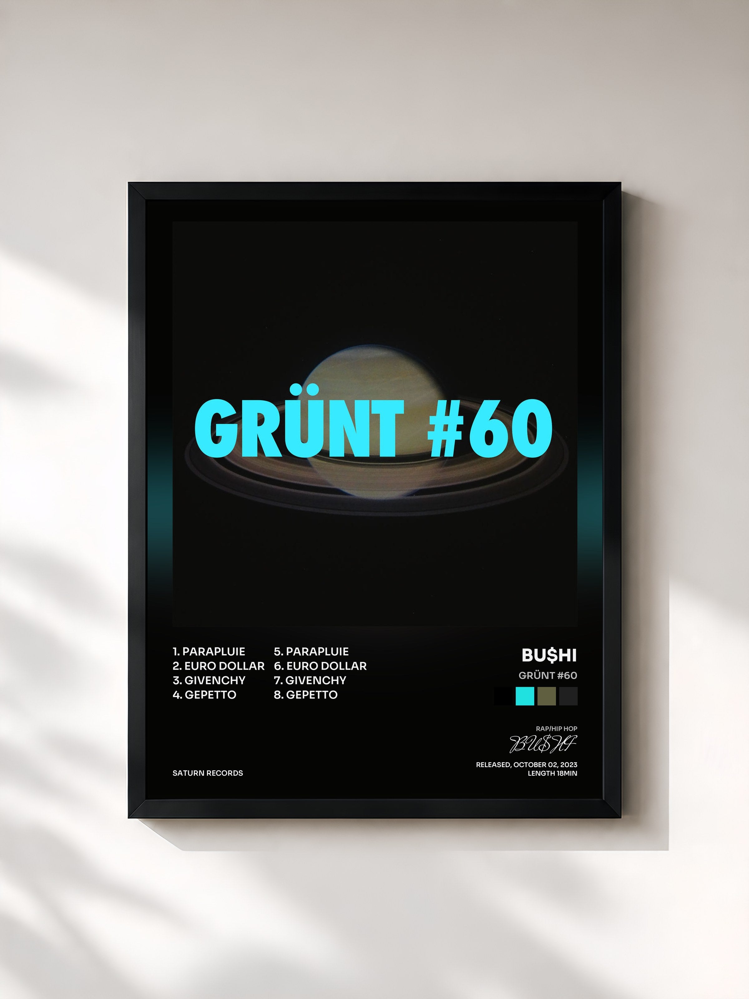 #noir Tableau de l'album GRÜNT #60 de BU$HI, cadre noir, imprimé et encadré en France