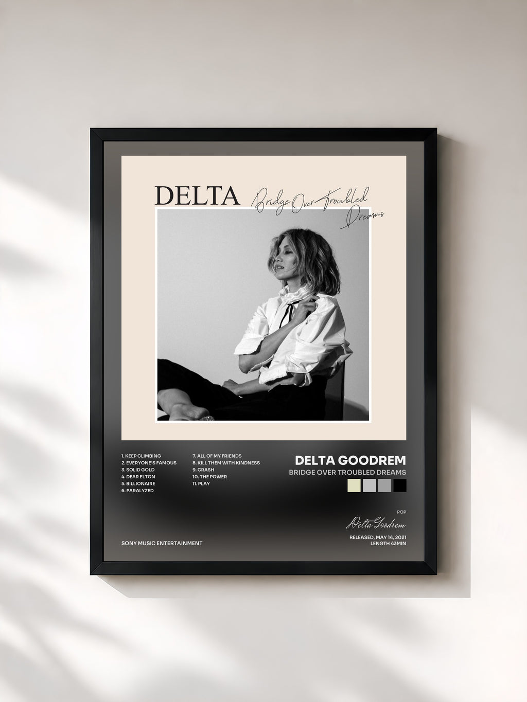 #noir Tableau de l'album Bridge Over Troubled Dreams de Delta Goodrem, cadre noir, imprimé et encadré en France