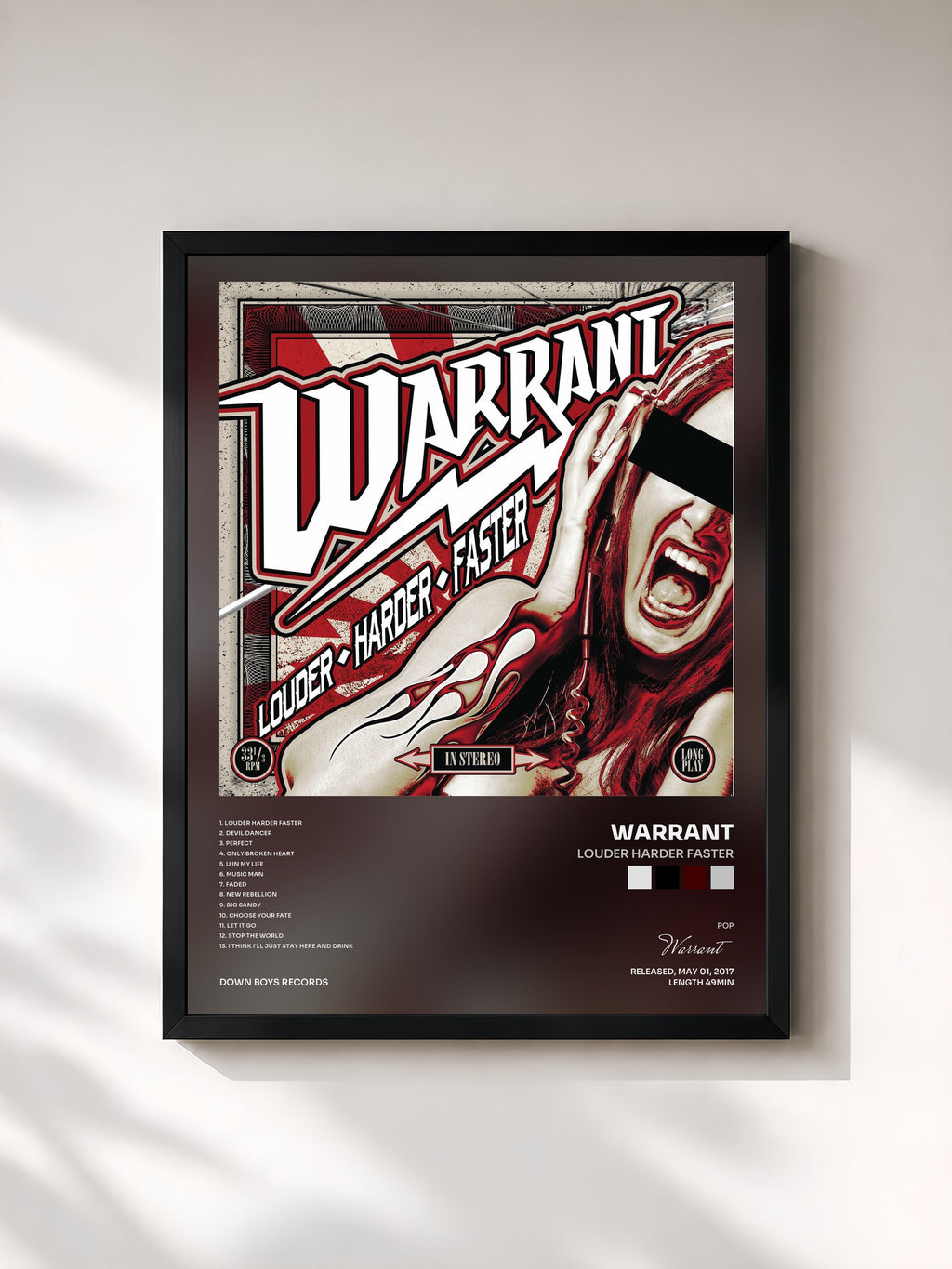 #noir Tableau de l'album Louder Harder Faster de Warrant, cadre noir, imprimé et encadré en France