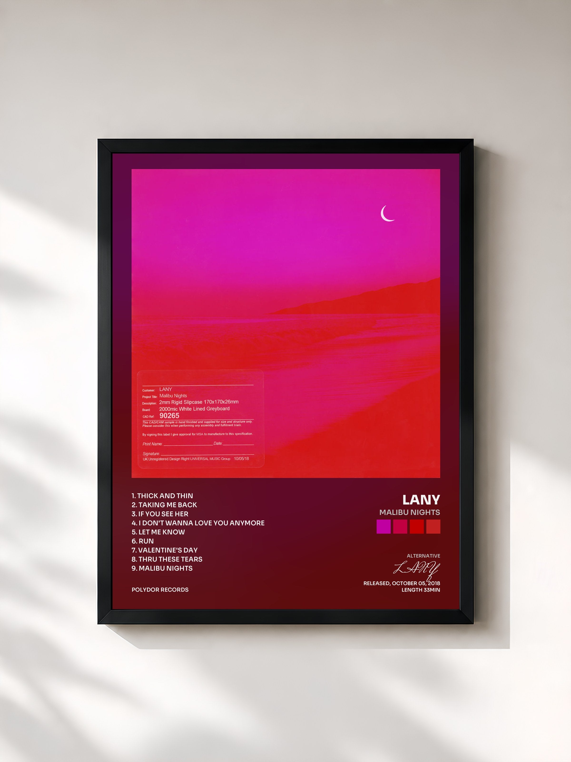 #noir Tableau de l'album Malibu Nights de LANY, cadre noir, imprimé et encadré en France