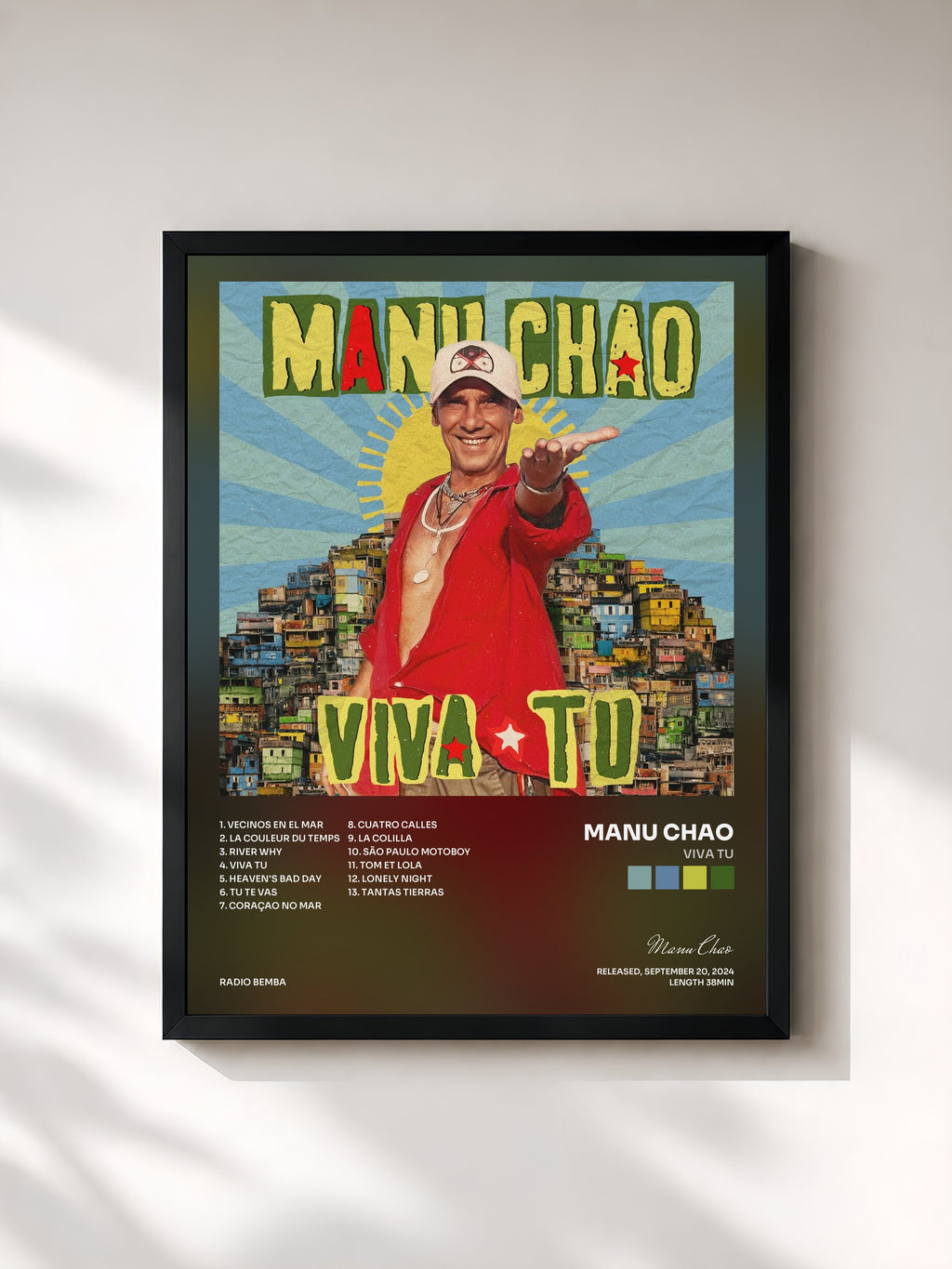 #noir Tableau de l'album Viva Tu de Manu Chao, cadre noir, imprimé et encadré en France