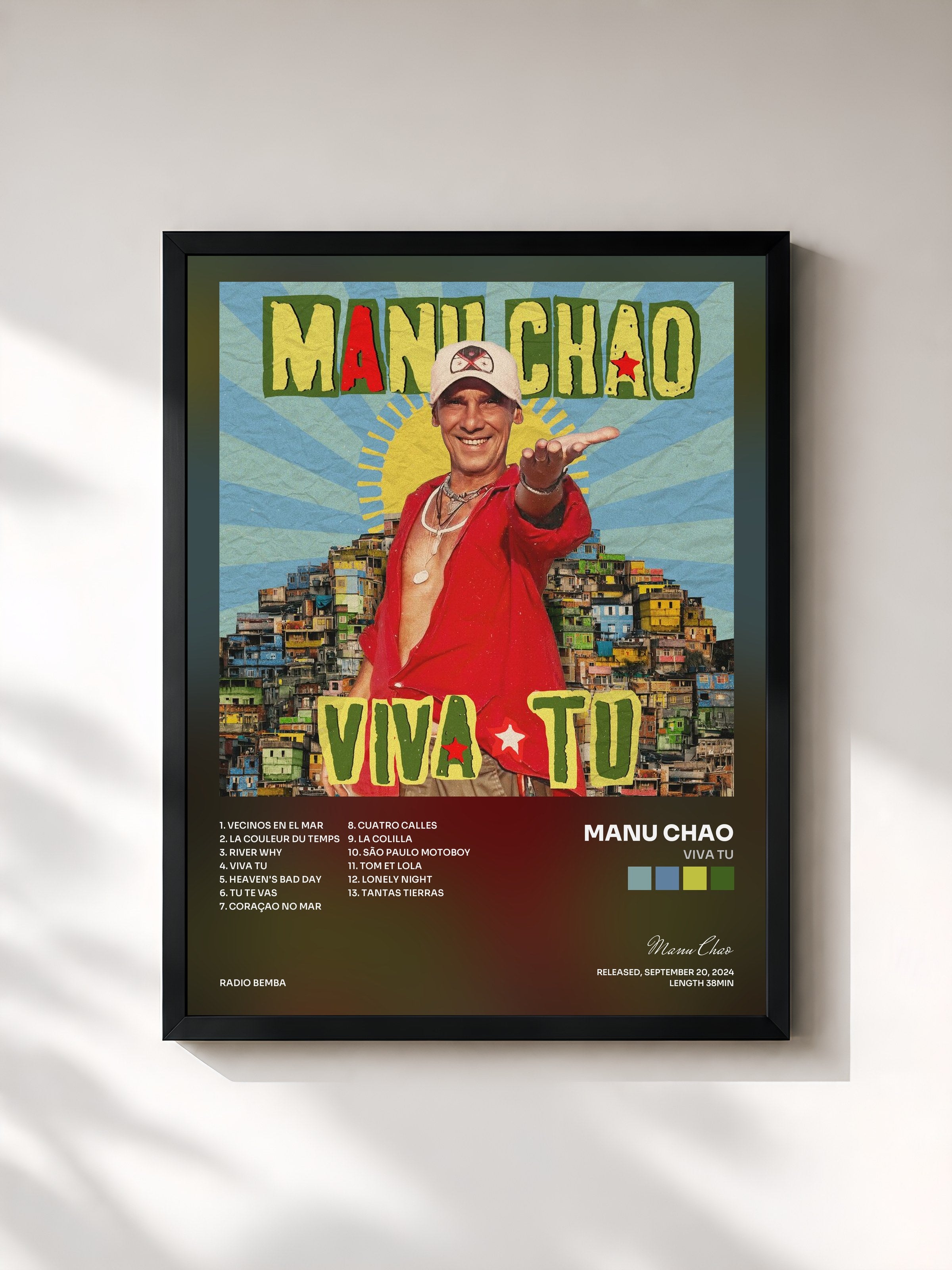 #noir Tableau de l'album Viva Tu de Manu Chao, cadre noir, imprimé et encadré en France