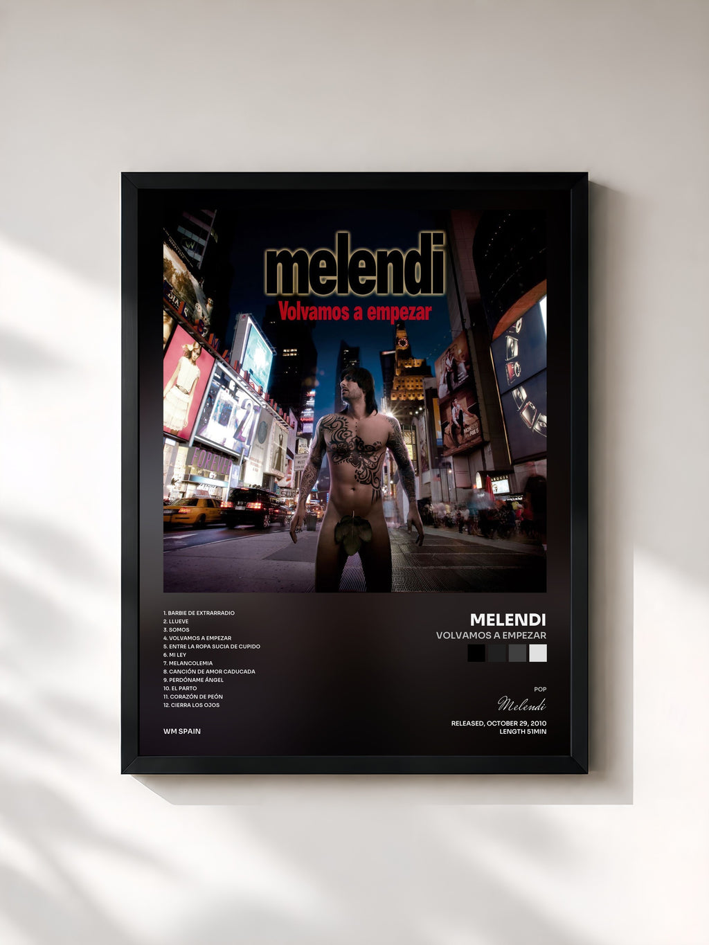 #noir Tableau de l'album Volvamos a empezar de Melendi, cadre noir, imprimé et encadré en France