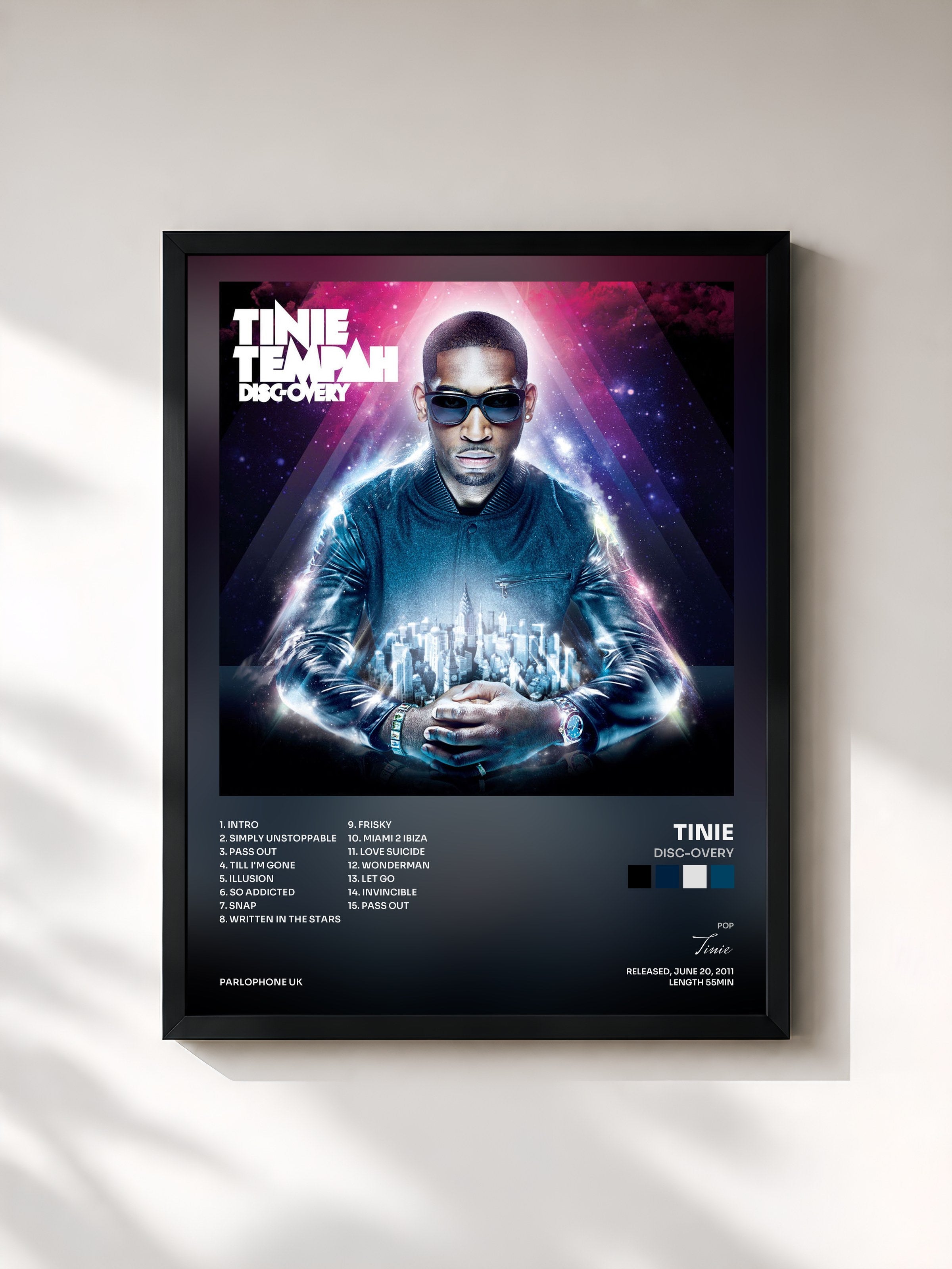 #noir Tableau de l'album Disc-Overy de Tinie Tempah, cadre noir, imprimé et encadré en France