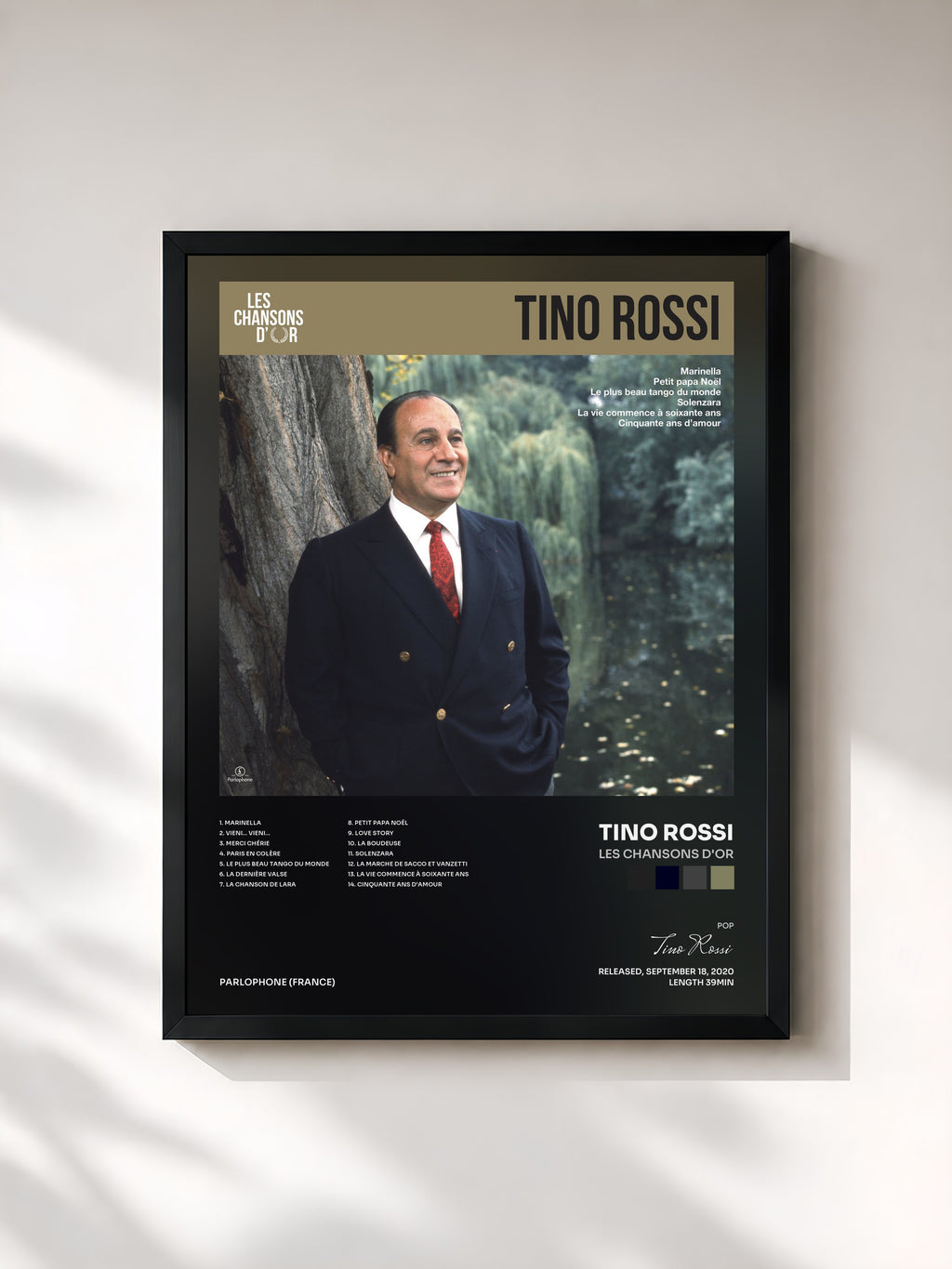 #noir Tableau de l'album Les chansons d'or de Tino Rossi, cadre noir, imprimé et encadré en France