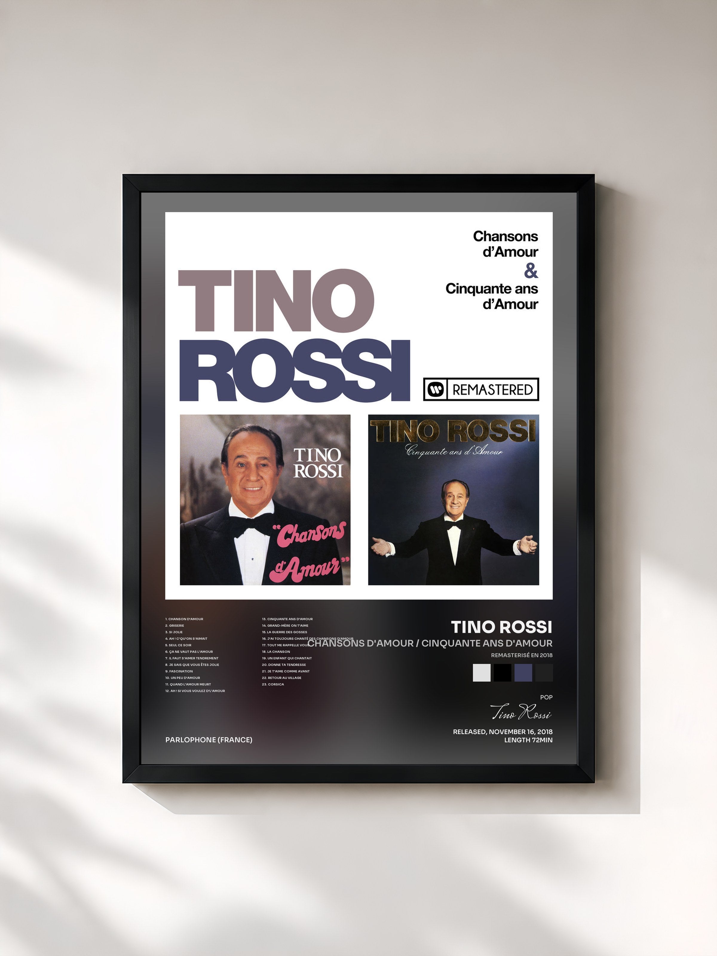 #noir Tableau de l'album Chansons d'amour / Cinquante ans d'amour (Remasterisé en 2018) de Tino Rossi, cadre noir, imprimé et encadré en France