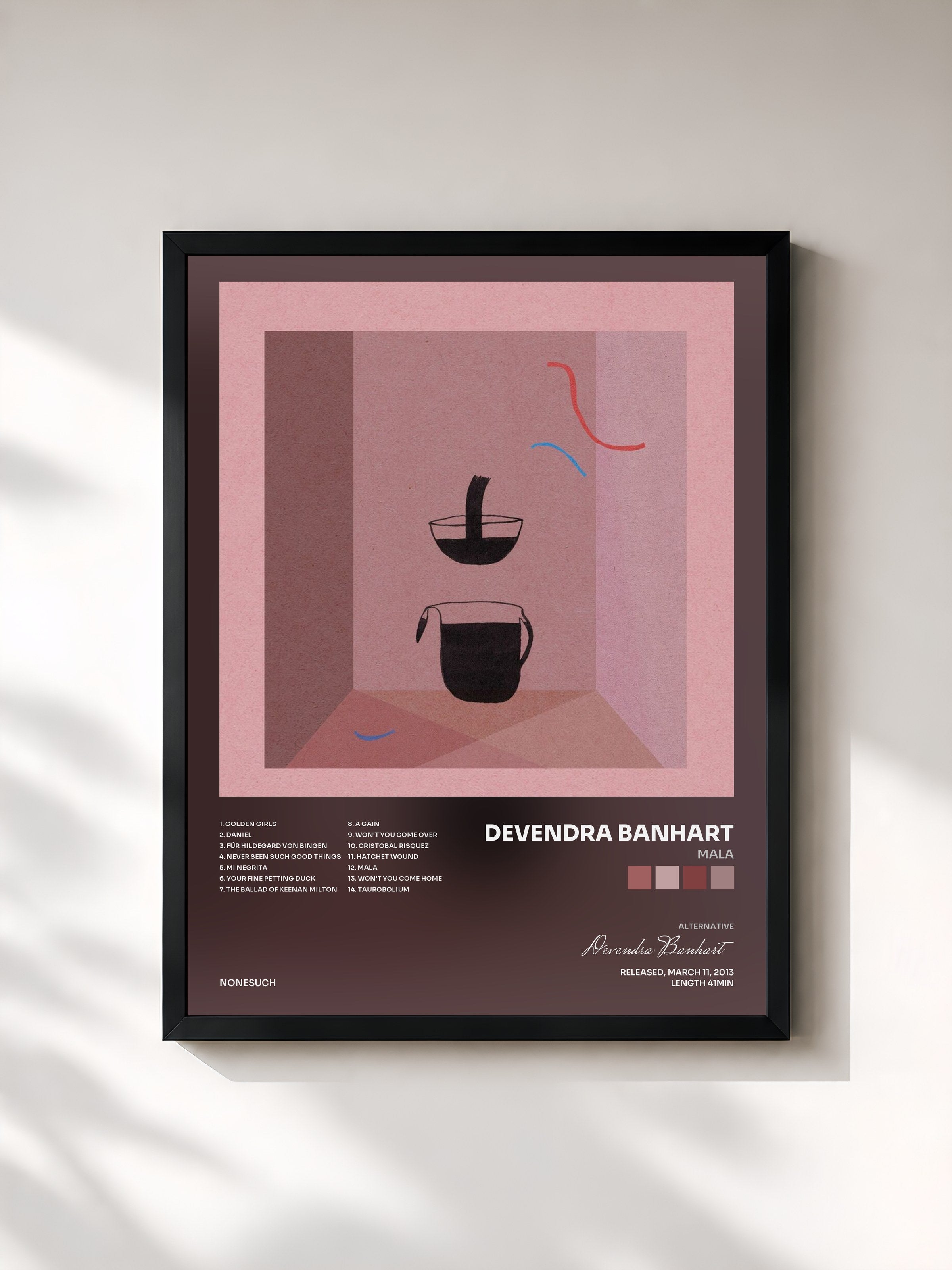 #noir Tableau de l'album Mala de Devendra Banhart, cadre noir, imprimé et encadré en France