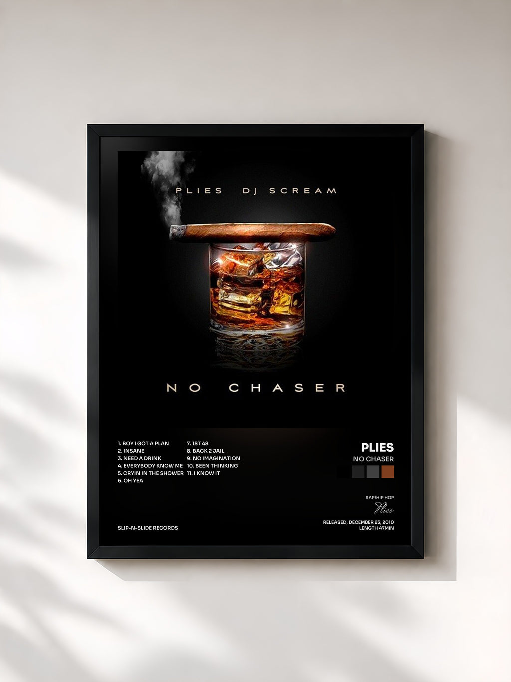 #noir Tableau de l'album No Chaser de Plies, cadre noir, imprimé et encadré en France