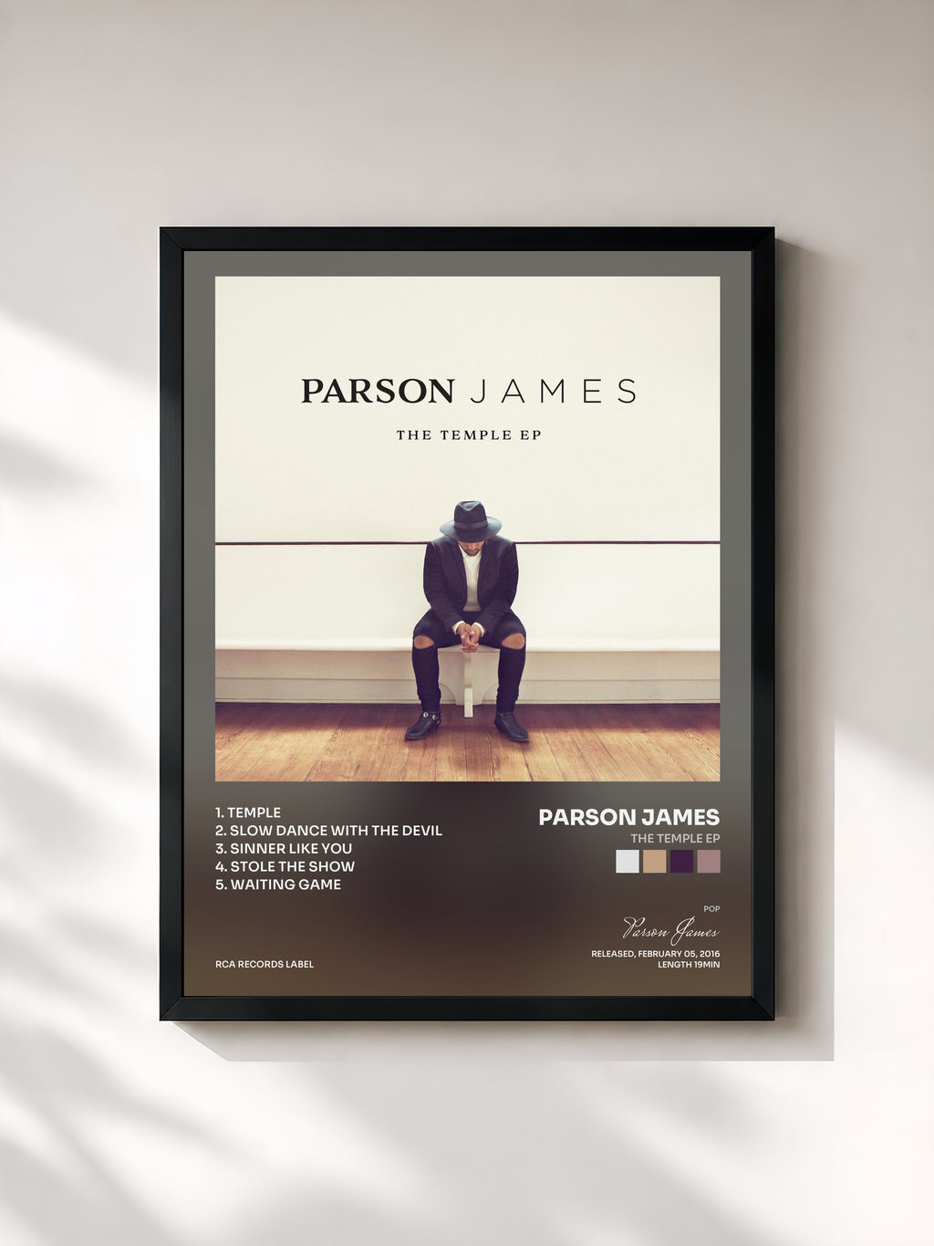 #noir Tableau de l'album The Temple EP de Parson James, cadre noir, imprimé et encadré en France