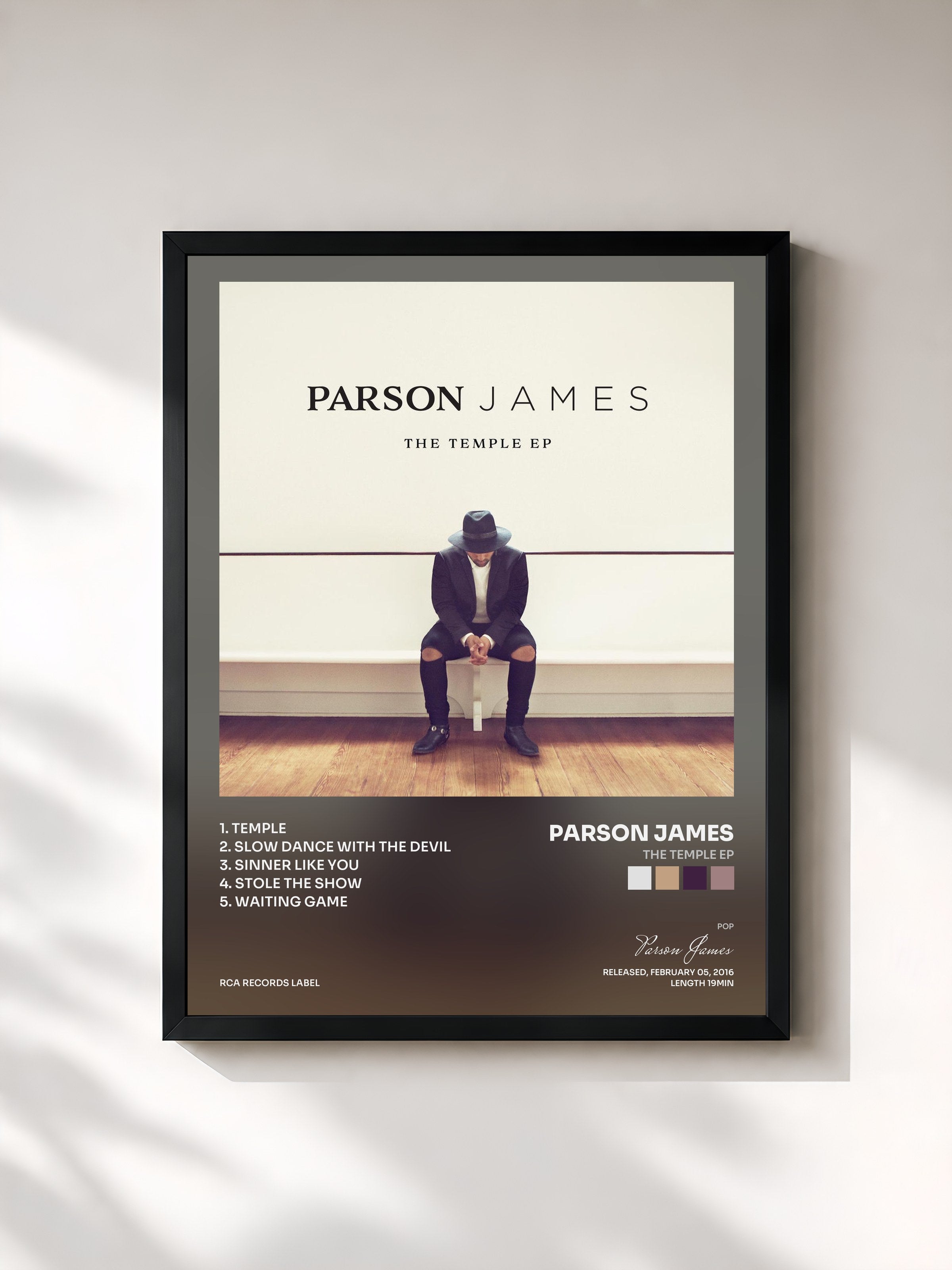 #noir Tableau de l'album The Temple EP de Parson James, cadre noir, imprimé et encadré en France
