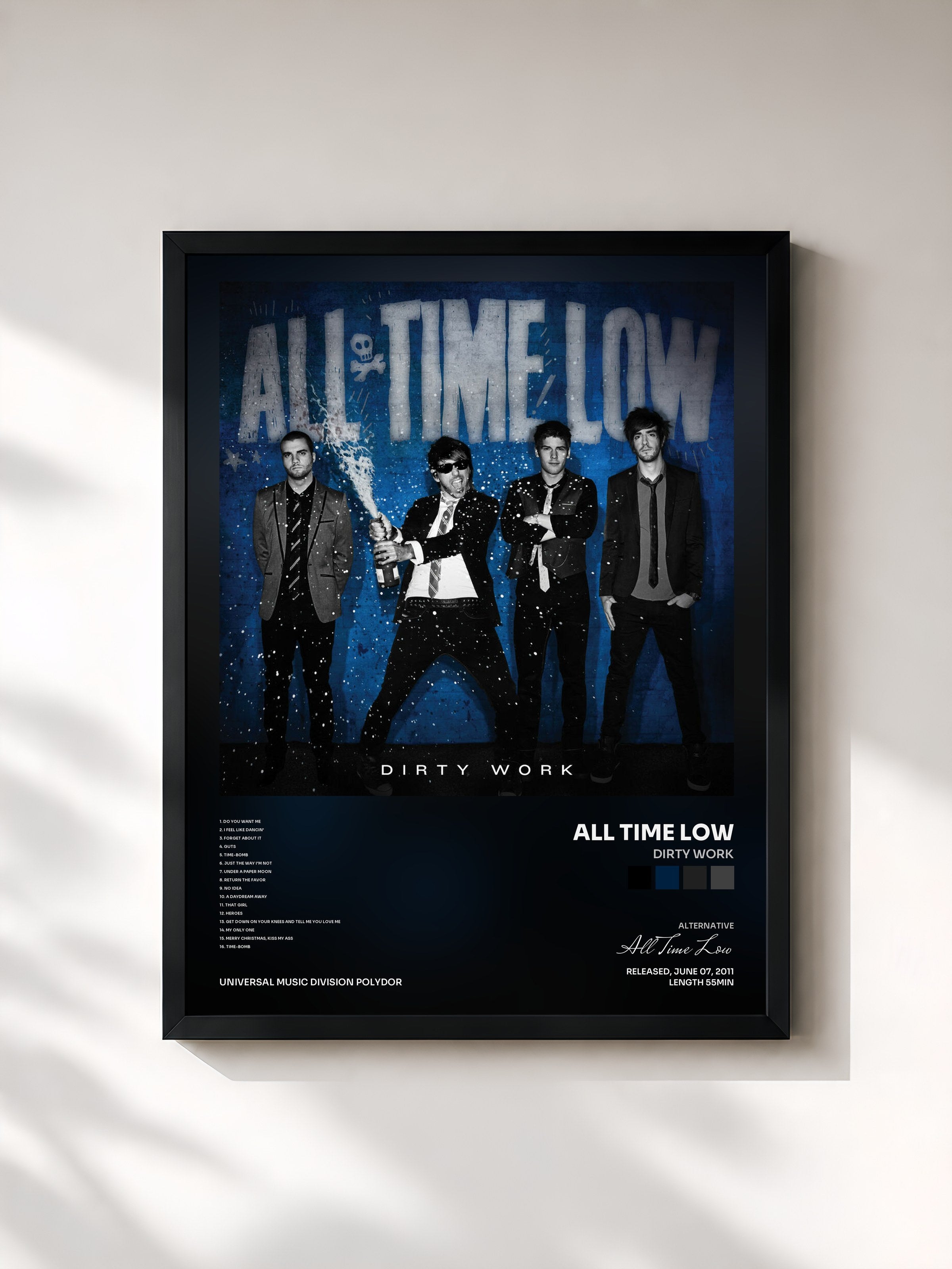 #noir Tableau de l'album Dirty Work de All Time Low, cadre noir, imprimé et encadré en France