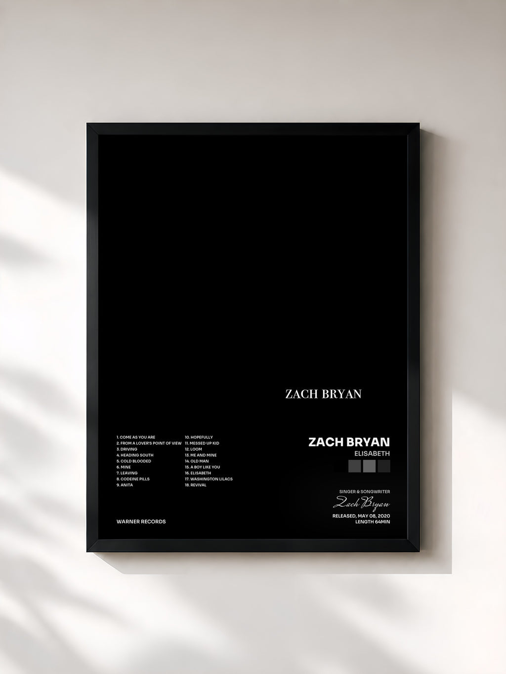 #noir Tableau de l'album Elisabeth de Zach Bryan, cadre noir, imprimé et encadré en France