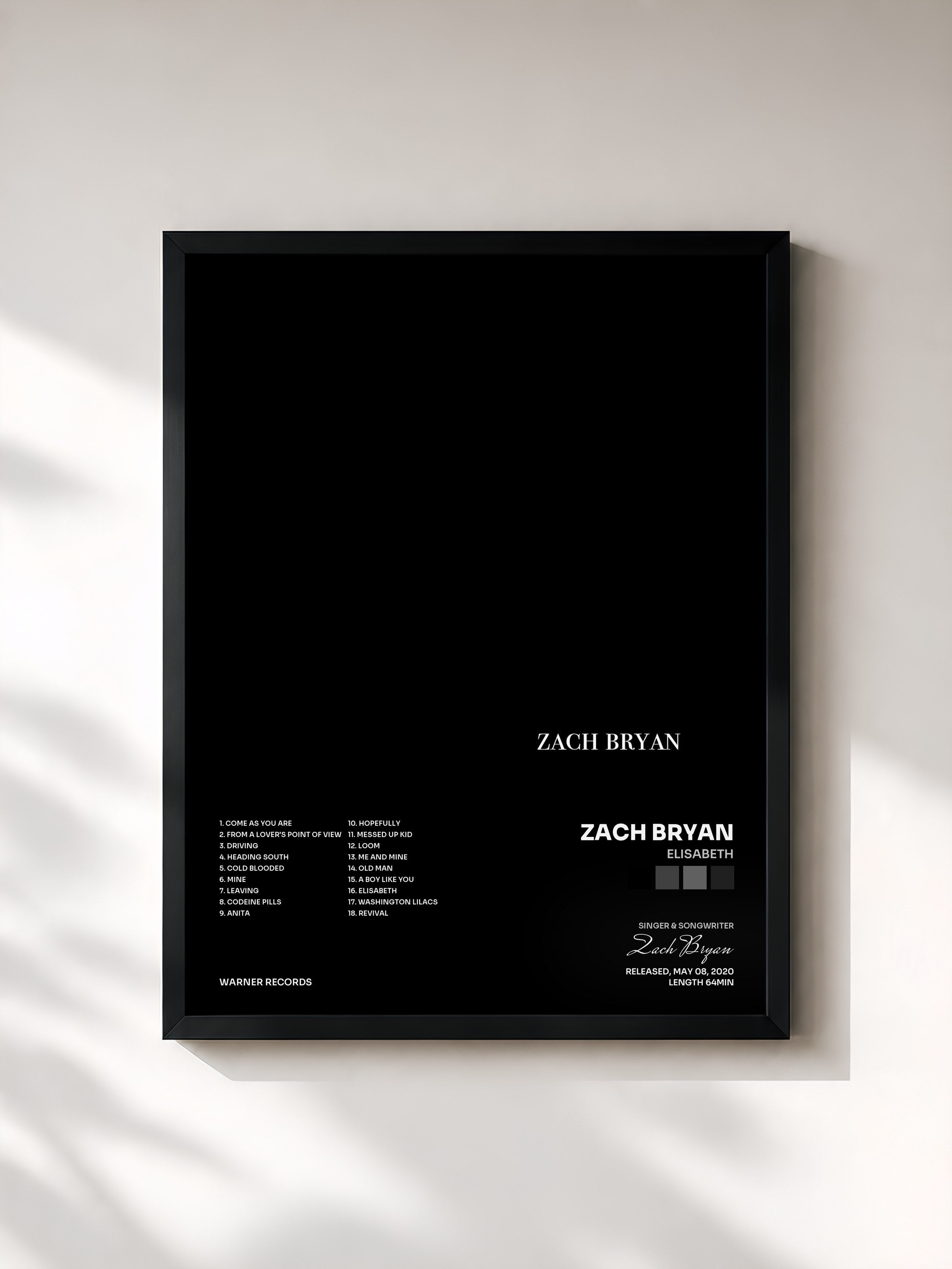 #noir Tableau de l'album Elisabeth de Zach Bryan, cadre noir, imprimé et encadré en France