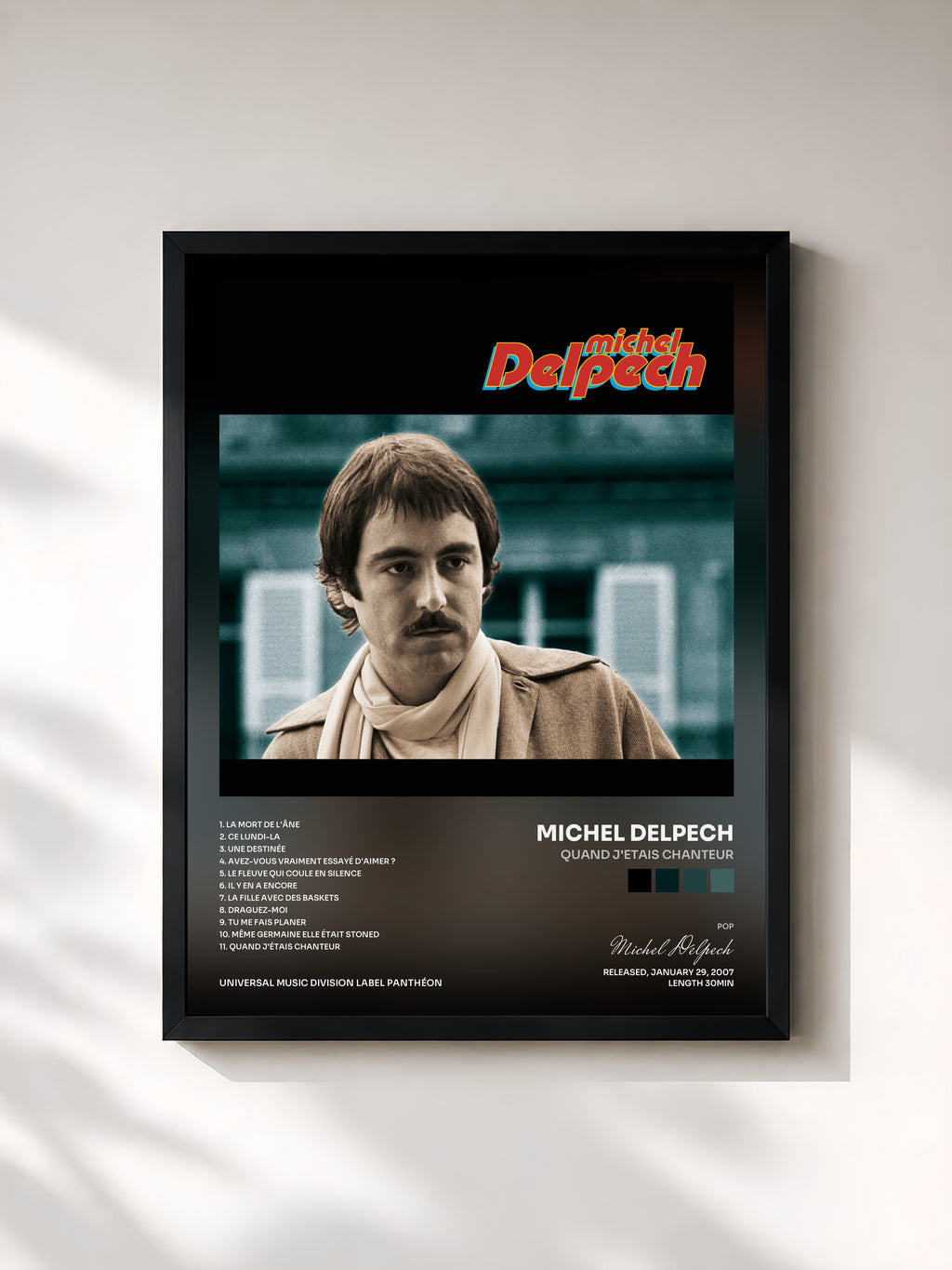 #noir Tableau de l'album Quand J'Etais Chanteur de Michel Delpech, cadre noir, imprimé et encadré en France