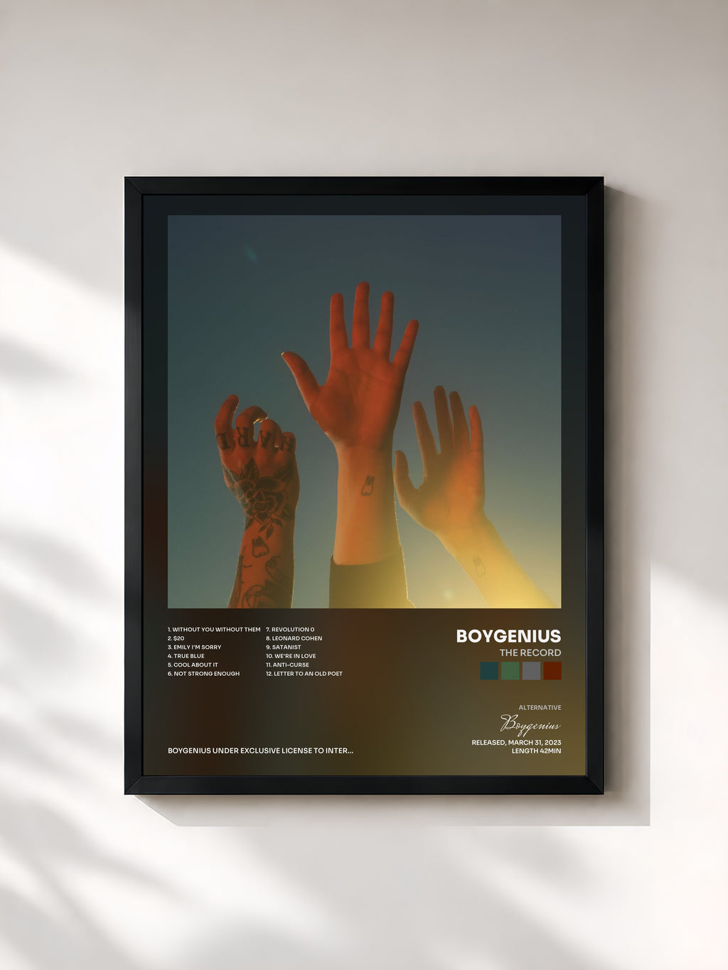 #noir Tableau de l'album the record de Boygenius, cadre noir, imprimé et encadré en France