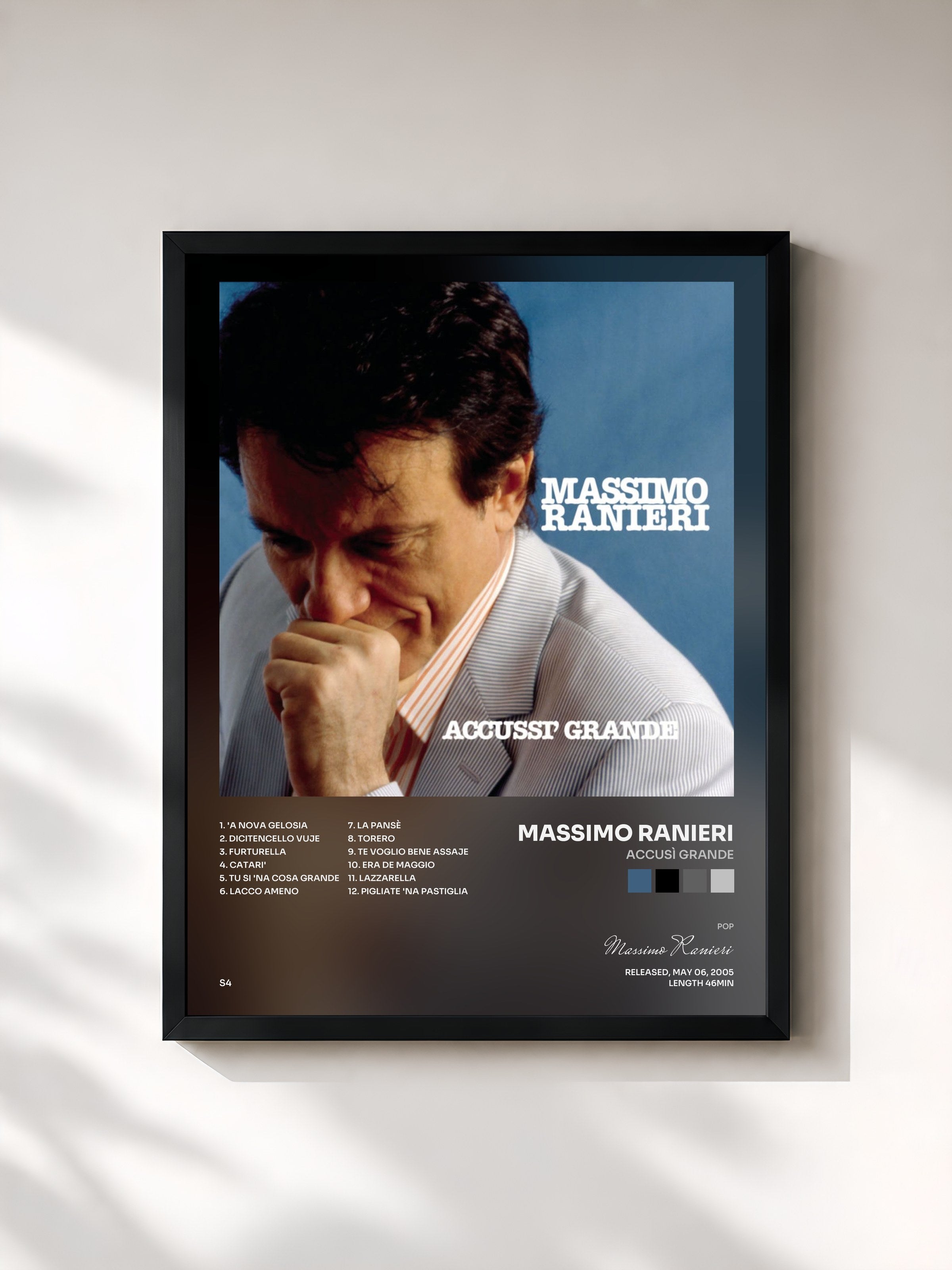 #noir Tableau de l'album Accusì Grande de Massimo Ranieri, cadre noir, imprimé et encadré en France