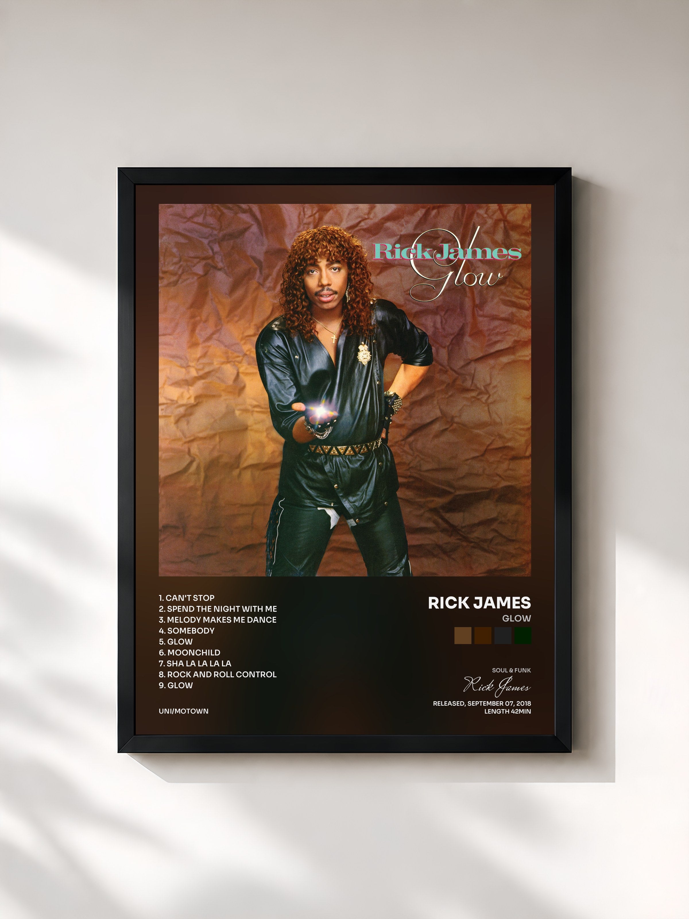 #noir Tableau de l'album Glow de Rick James, cadre noir, imprimé et encadré en France