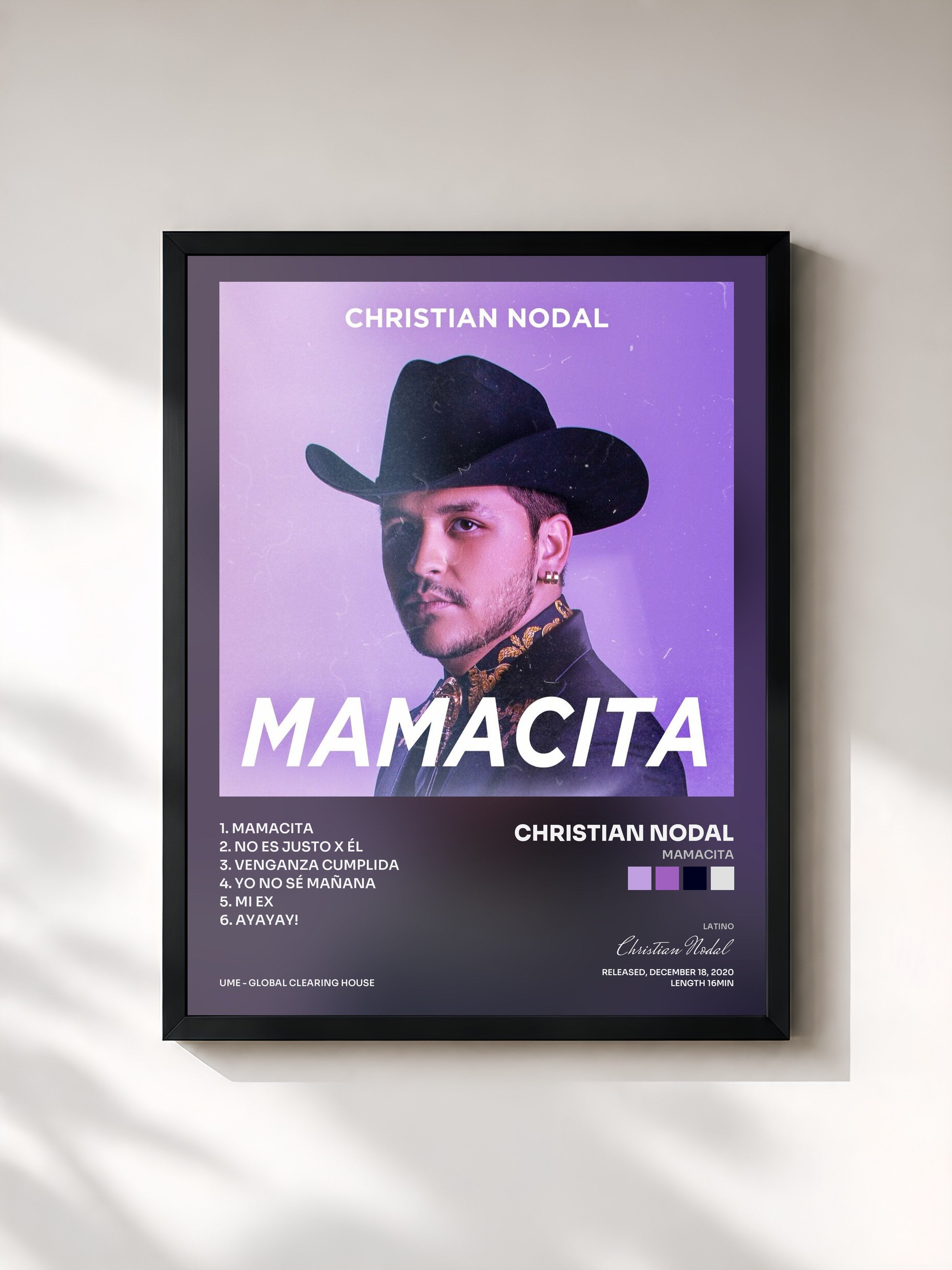 #noir Tableau de l'album Mamacita de Christian Nodal, cadre noir, imprimé et encadré en France