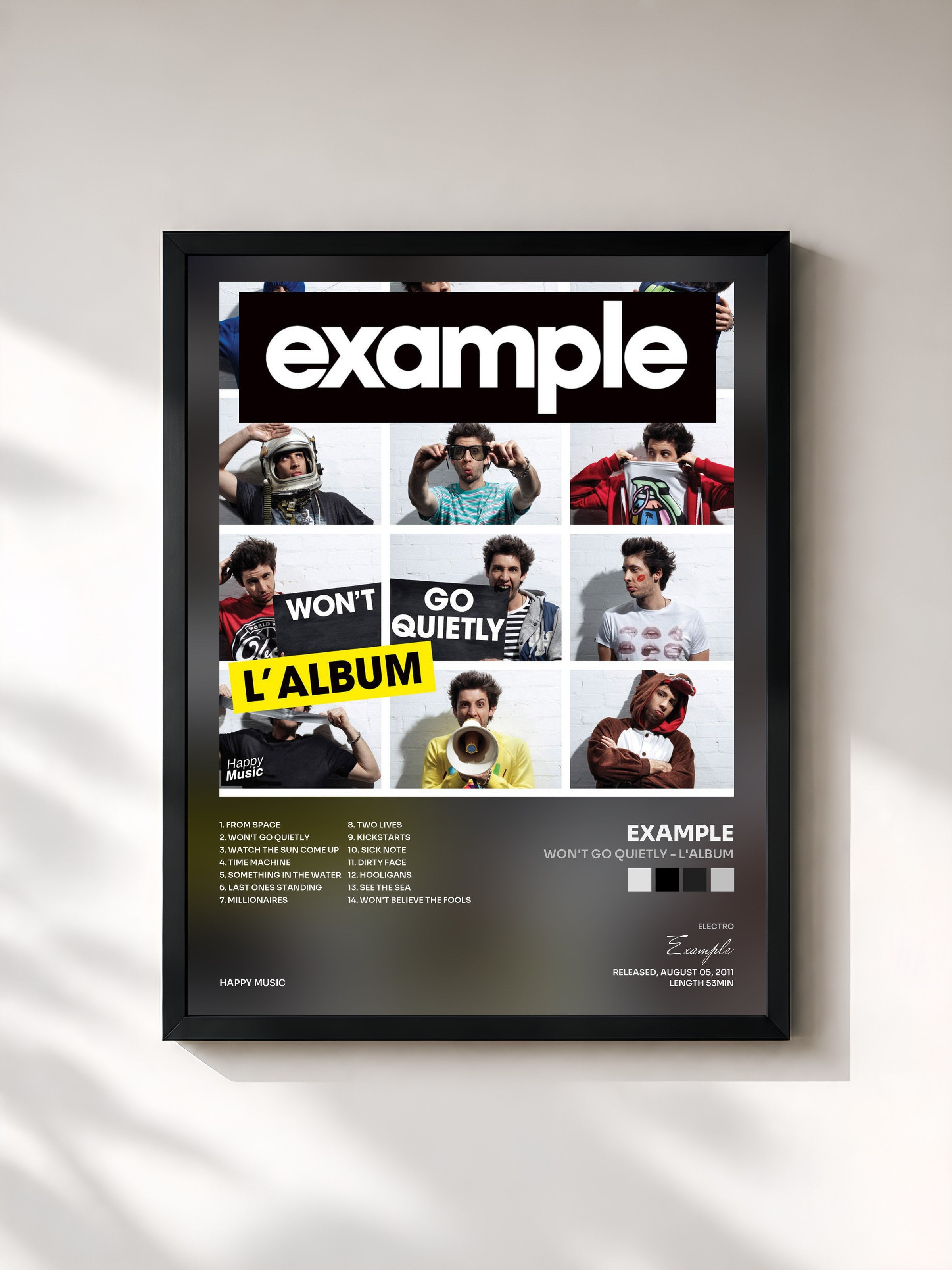 #noir Tableau de l'album Won't Go Quietly - L'album de Example, cadre noir, imprimé et encadré en France