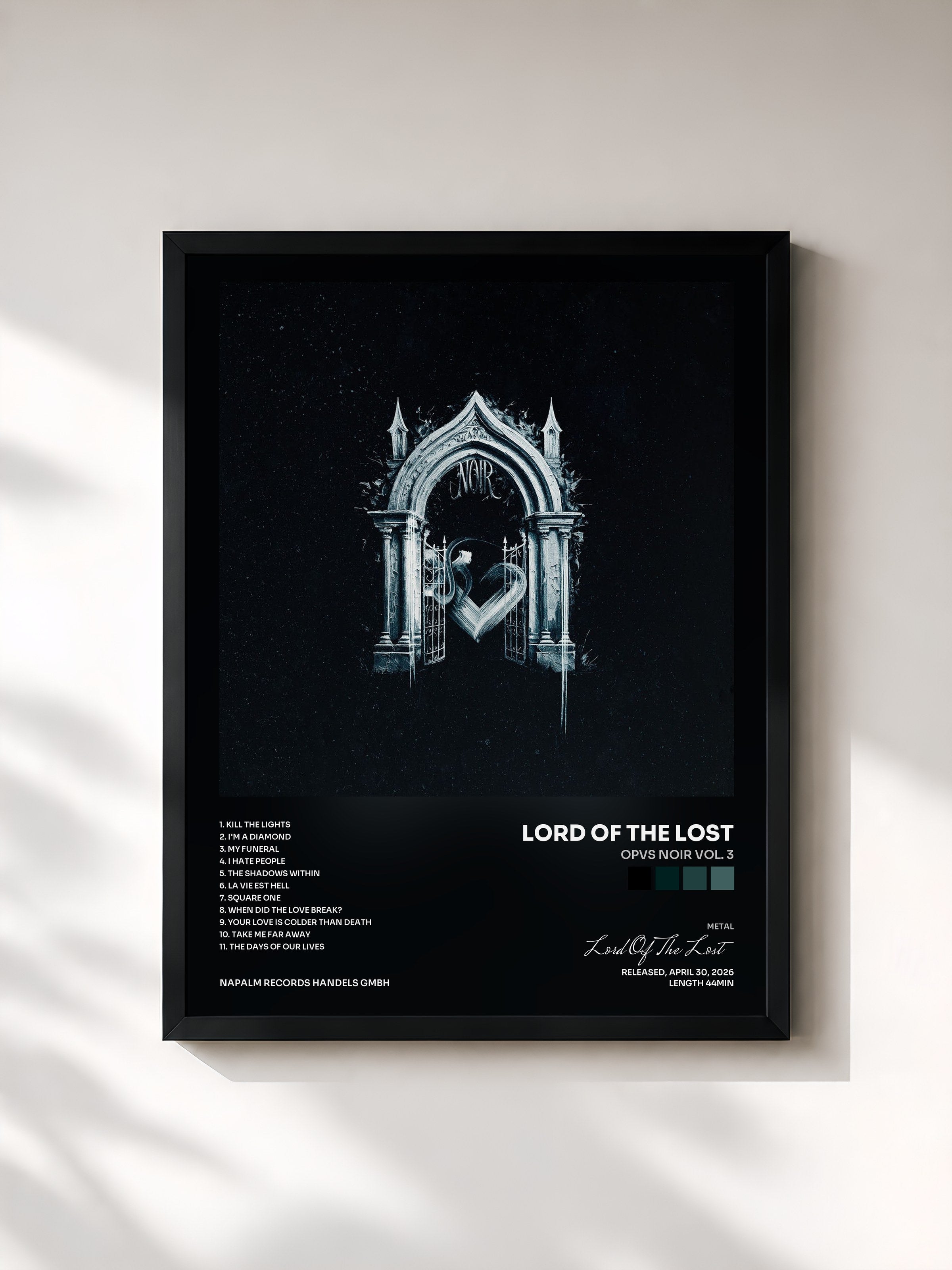 #noir Tableau de l'album OPVS NOIR Vol. 3 de Lord Of The Lost, cadre noir, imprimé et encadré en France