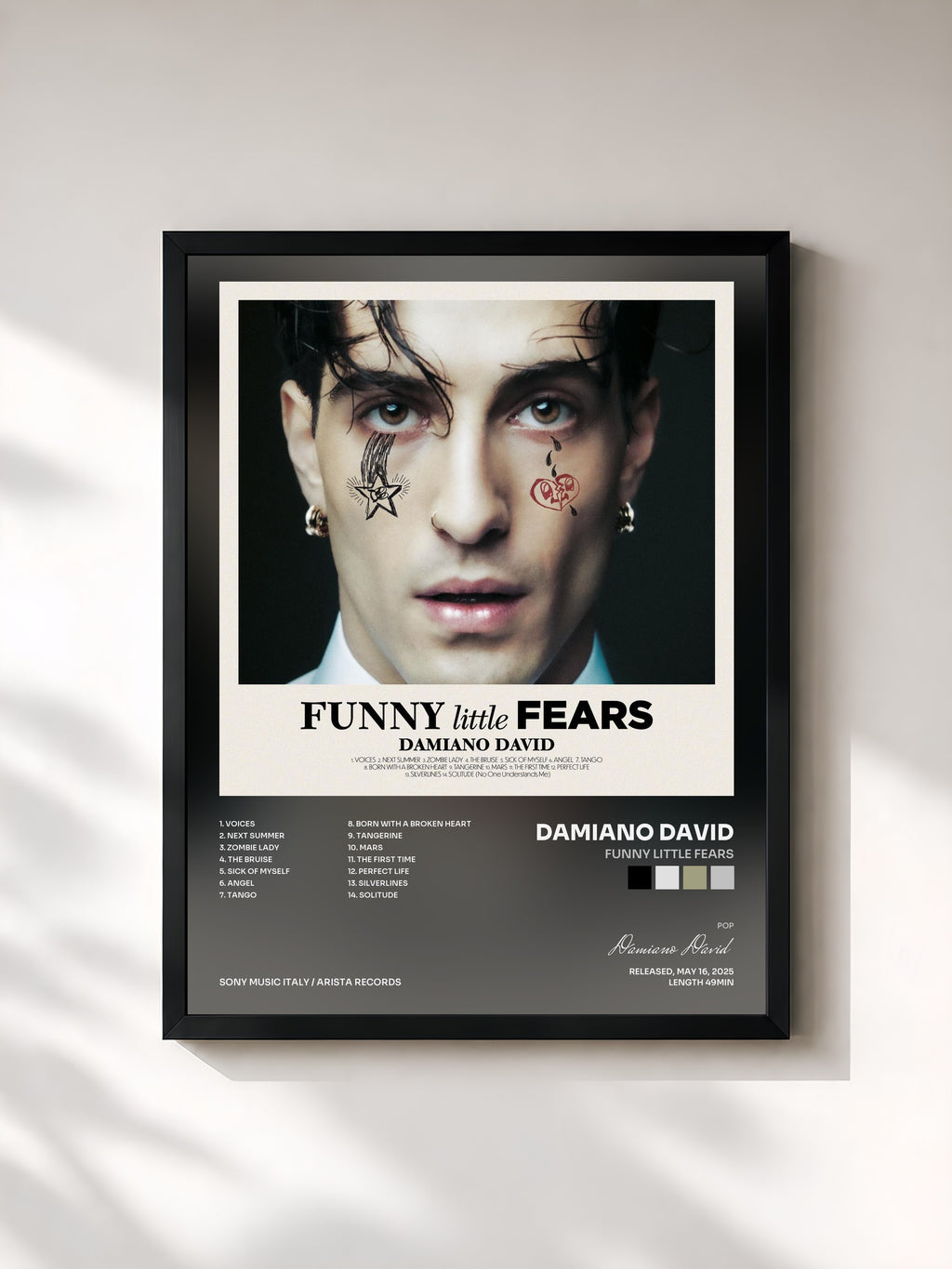 #noir Tableau de l'album FUNNY little FEARS de Damiano David, cadre noir, imprimé et encadré en France